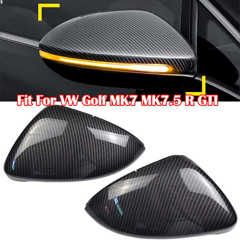 Pair Carbon Fiber Black Replacement Side Mirror Cover Caps For VW Golf GTI MK7 R