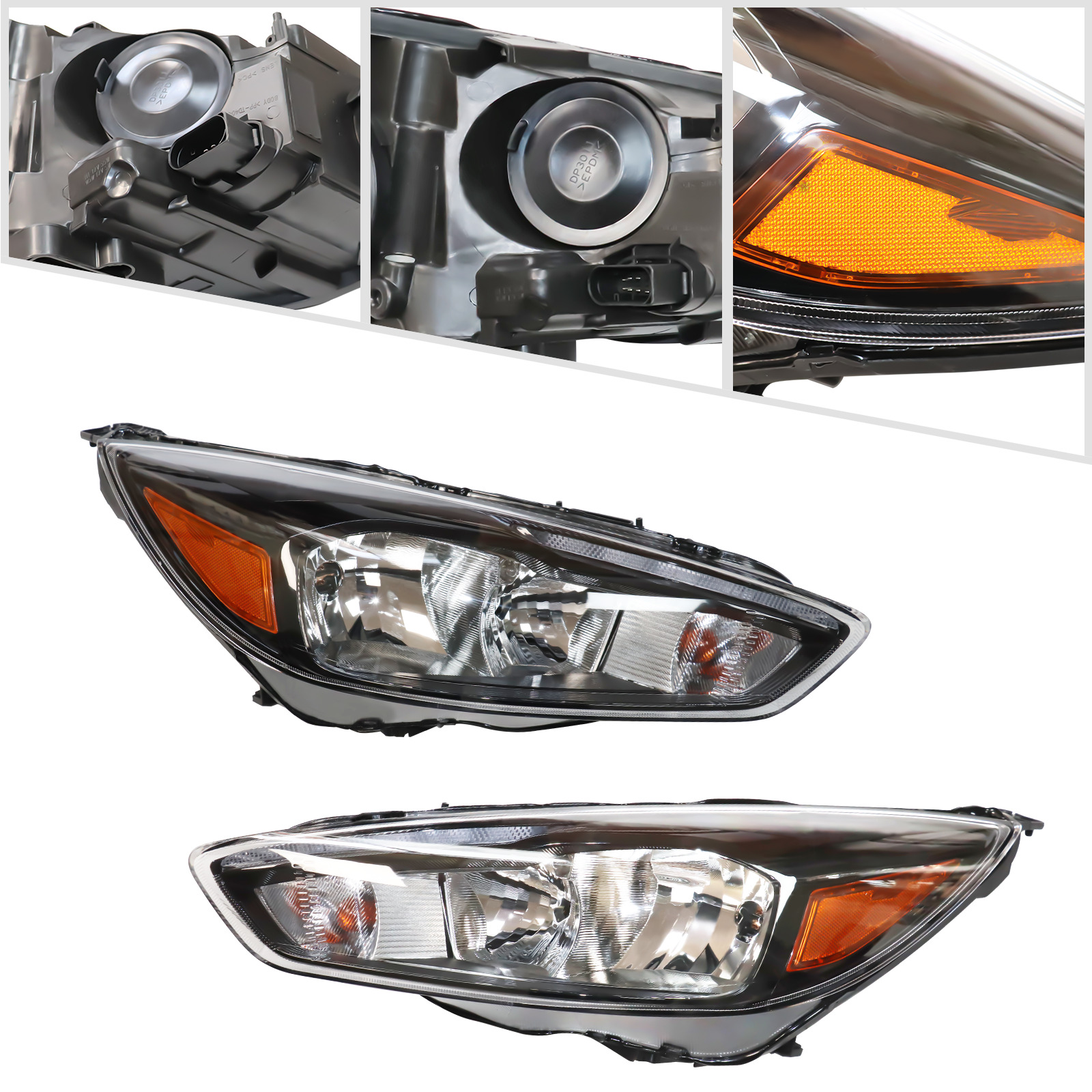 1 Pair Headlights For 2015-2018 Ford Focus Black Halogen Headlamps + LED DRL Set