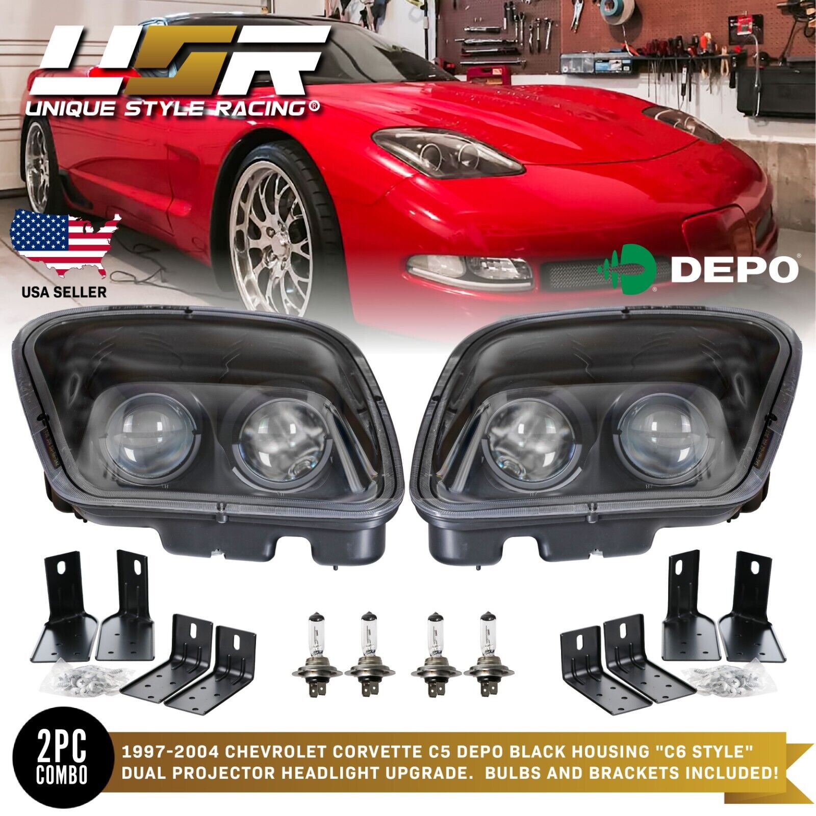 DEPO Black / Clear Projector Headlights For 97 98 99 00 01-04 Chevy Corvette C5