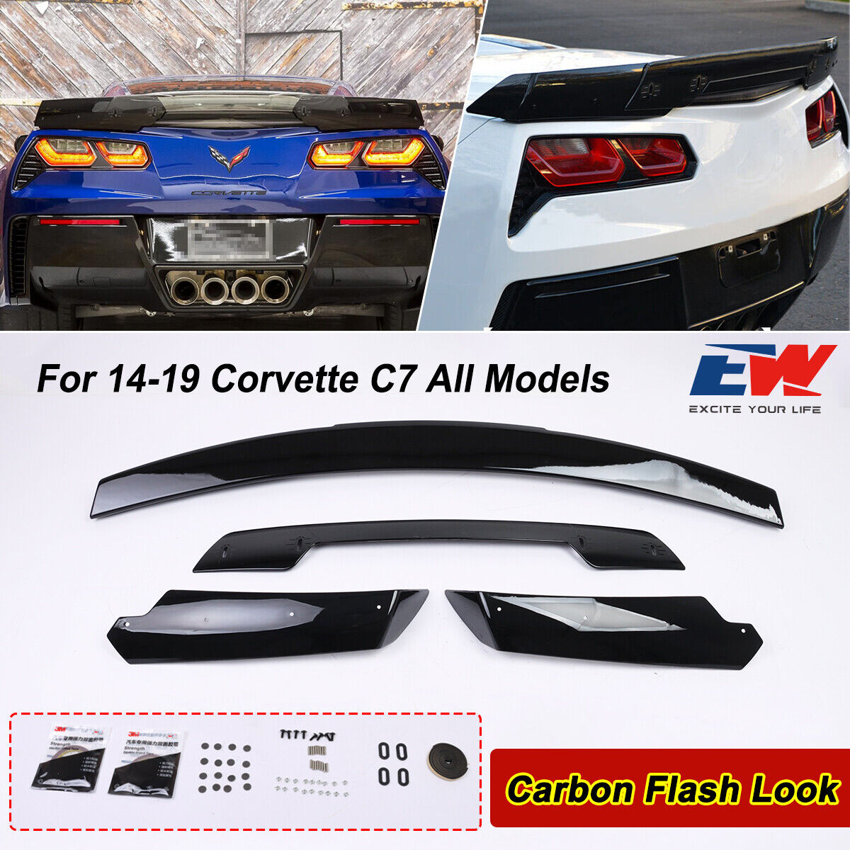 For 14-19 Corvette C7 Z06 Stage 3 Rear Trunk Lid Spoiler Carbon Flash Wickerbill