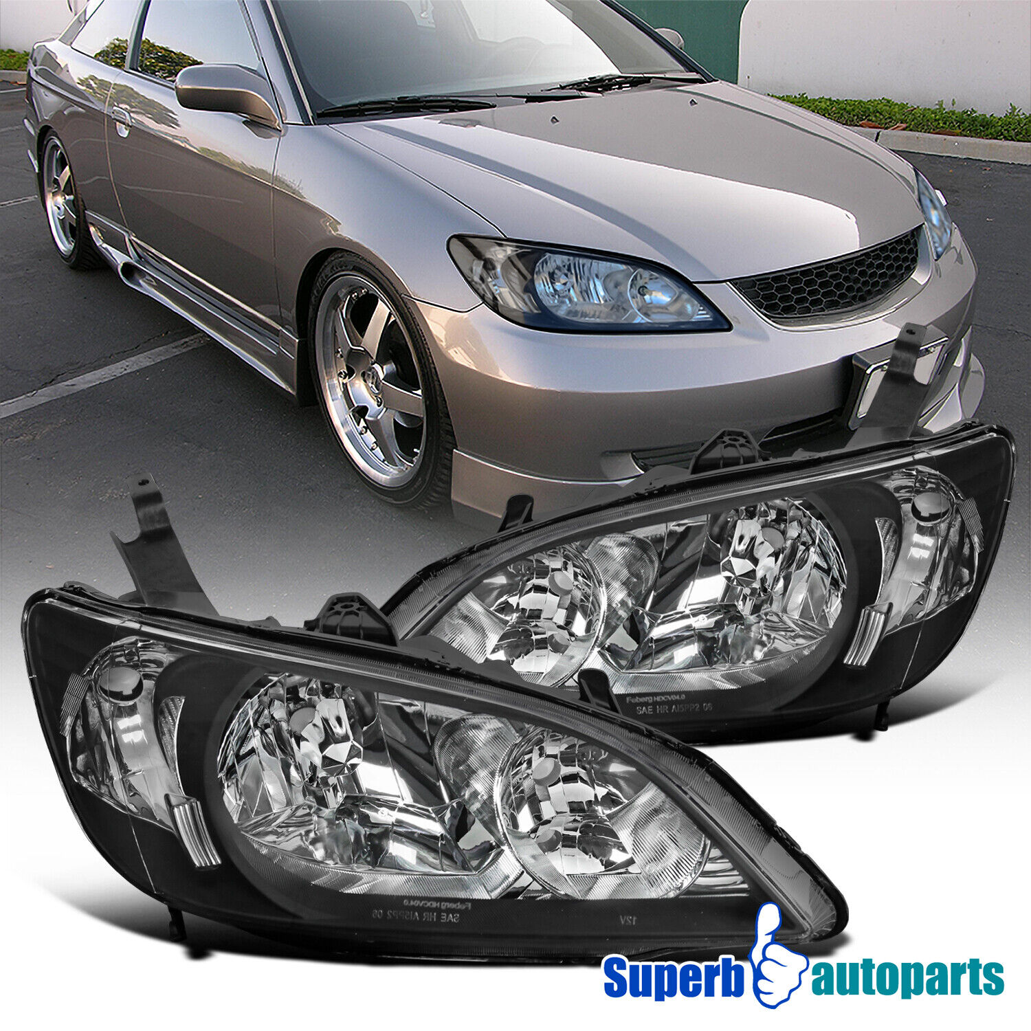 Fits 2004-2005 Hond Civic 2Dr 4Dr Black Headlights Replacement 04-05 Lamps Pair