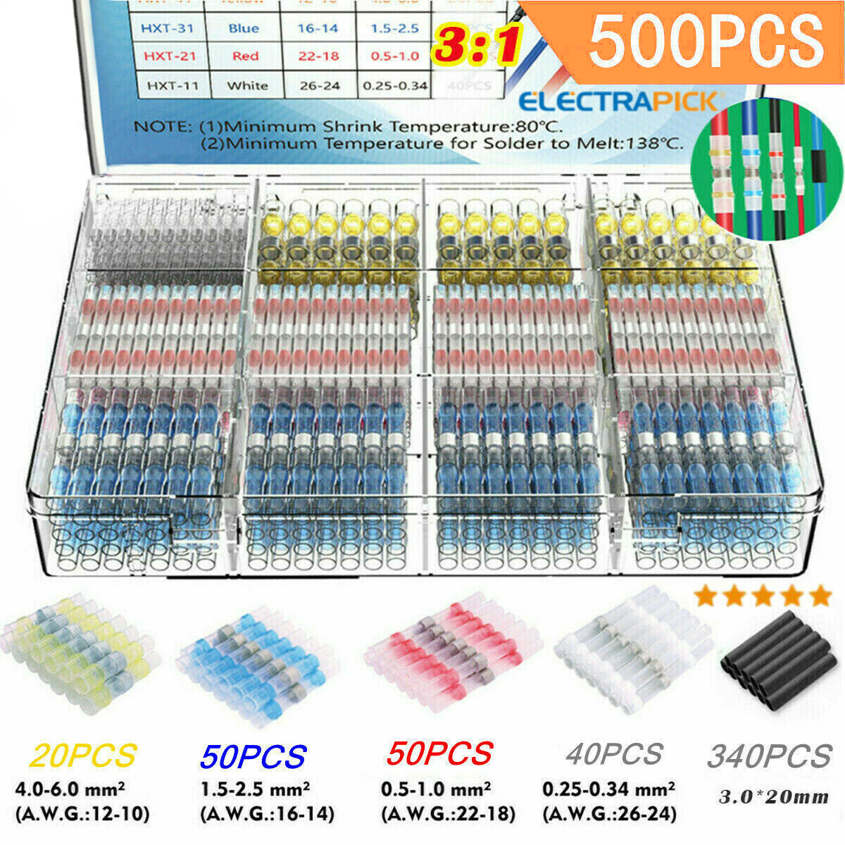 500PCS Waterproof Solder Sleeve Seal Heat Shrink Butt Wire Connectors Terminals
