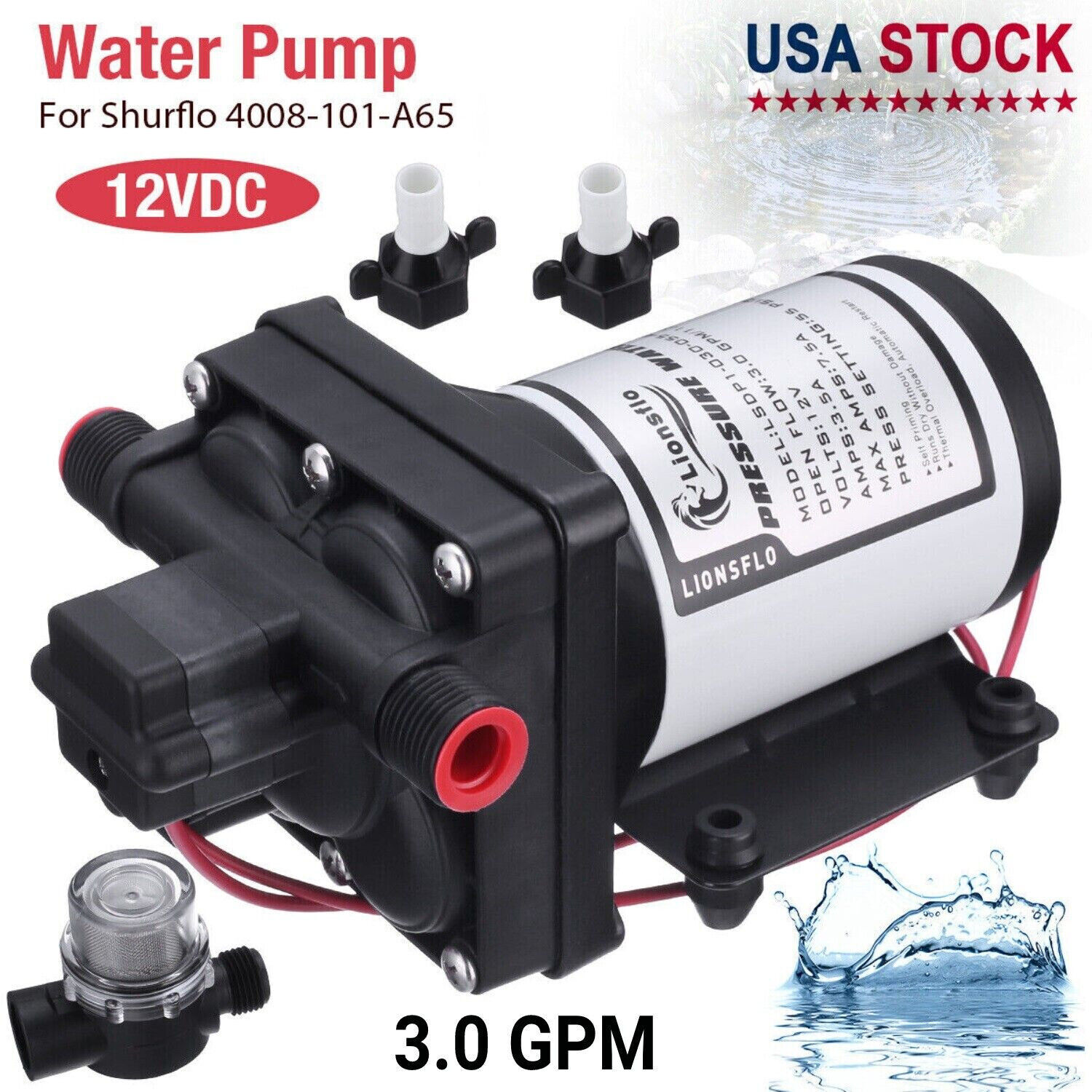 For Shurflo 4008-101-A65 w/ Strainer | Marine and RV 12V Water Pump | 3.0 GPM