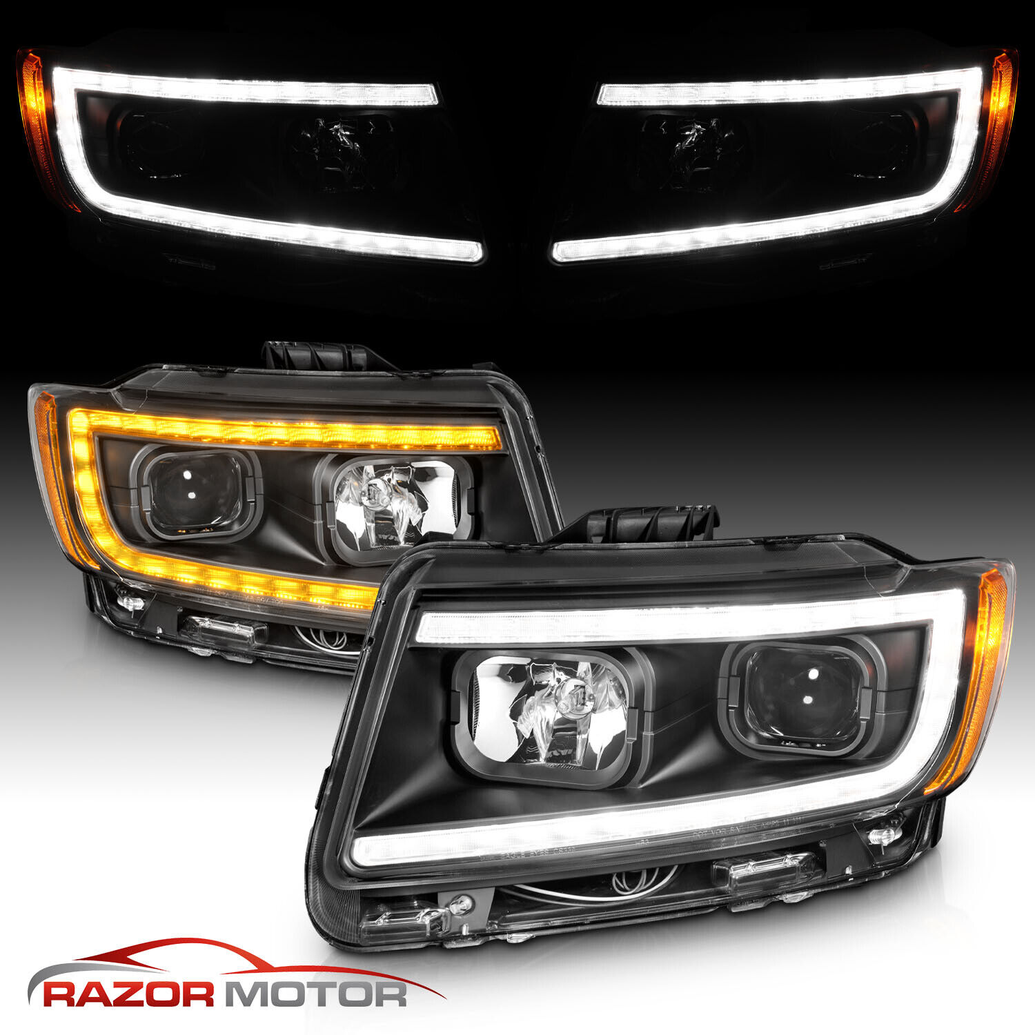[LED C Bar] 2011-2013 For Jeep Grand Cherokee Black Switchback Headlights