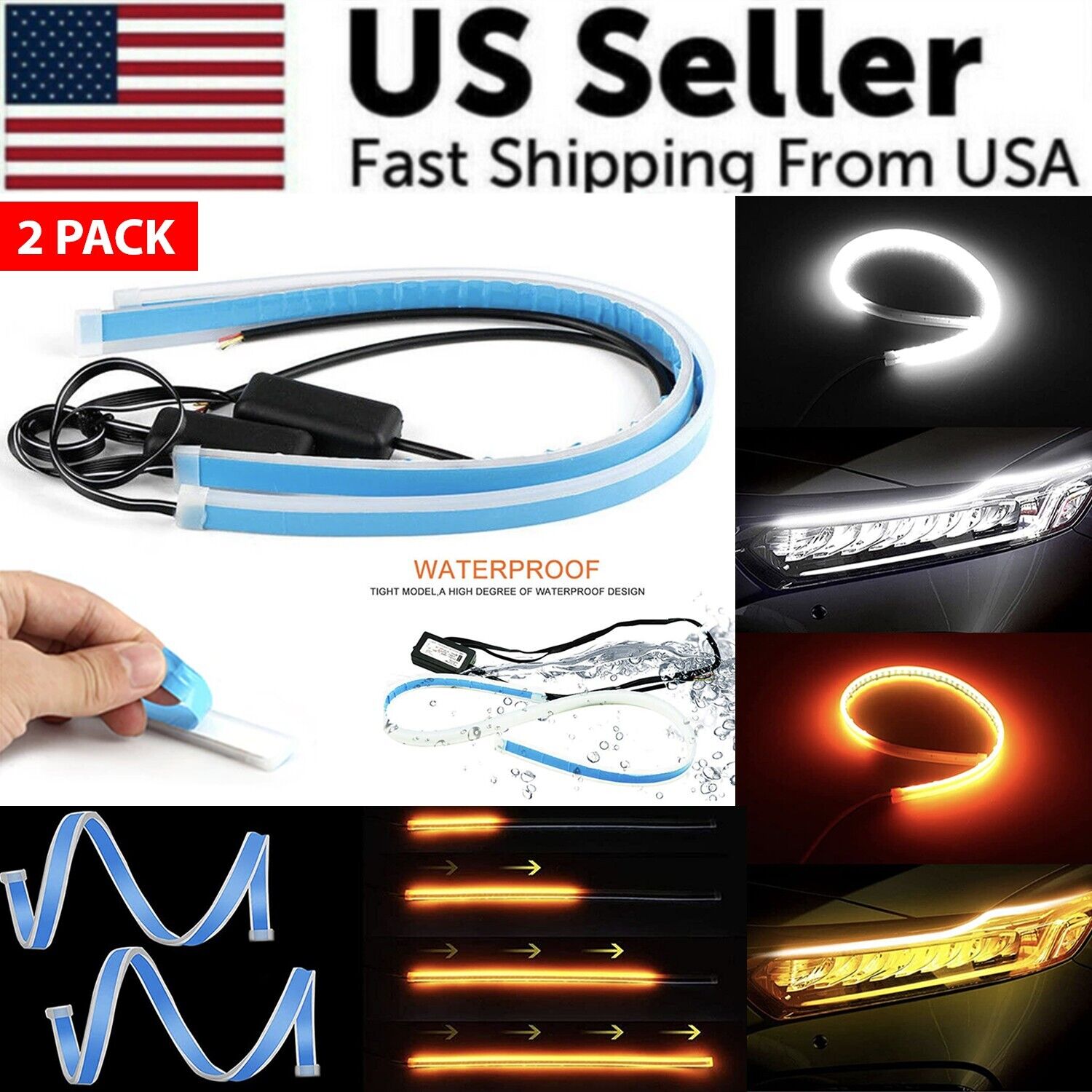 2 x 60CM Slim Amber Sequential Flexible LED DRL Turn Signal Strip For Headlight