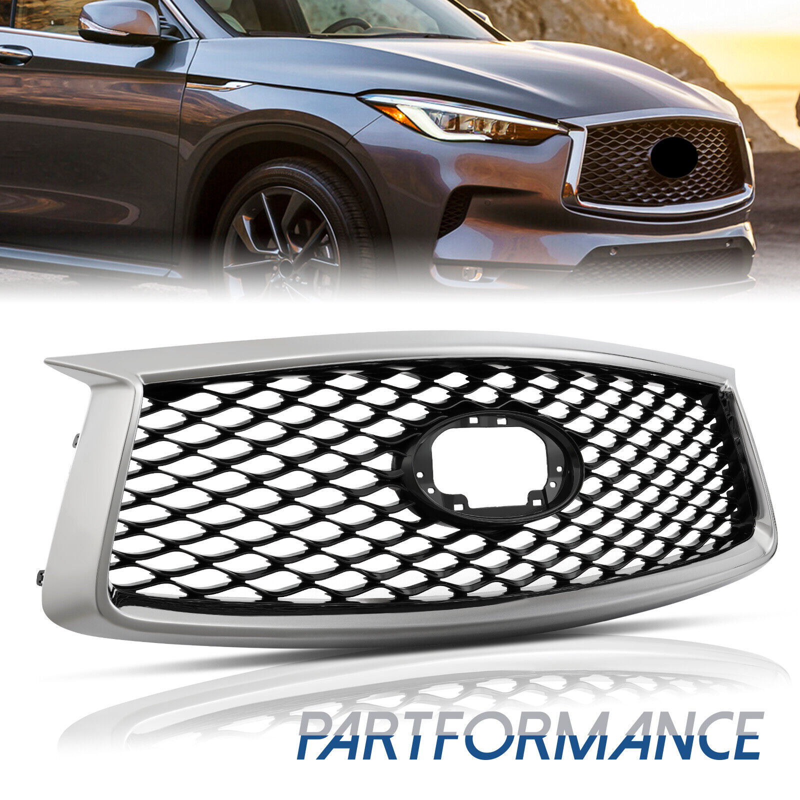 Fit For 2019-2023 Infiniti QX50 Front Upper Grille Chrome Black W/O Camera Hole