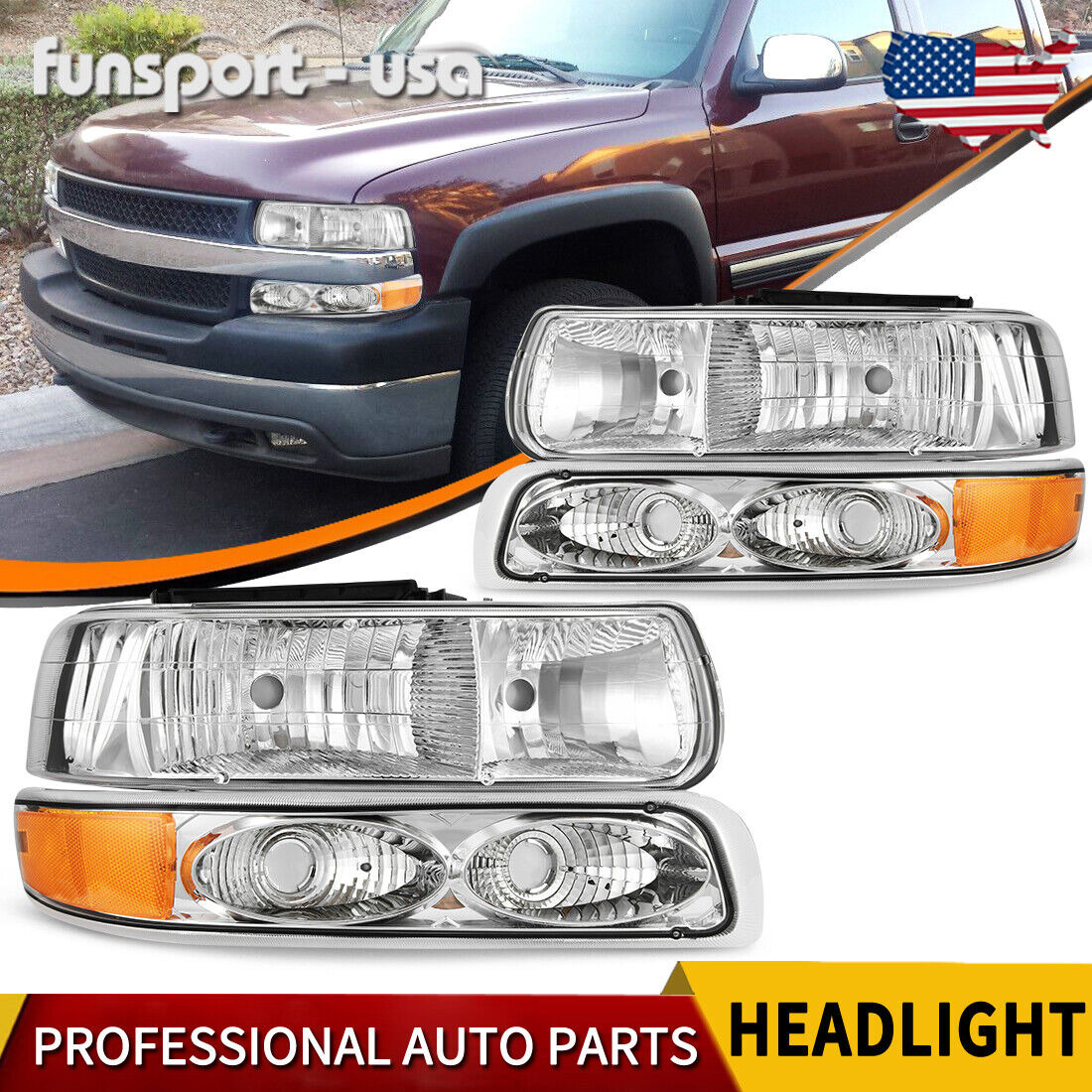 For 99-02 Chevy Silverado 00-06 Tahoe 1500 2500 Chrome Headlights + Bumper Lamps