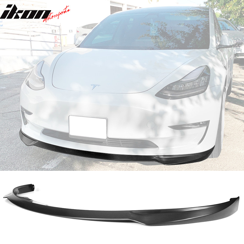 Fits 17-23 Tesla Model 3 IKON Style Unpainted Black PP Front Bumper Lip Spoiler