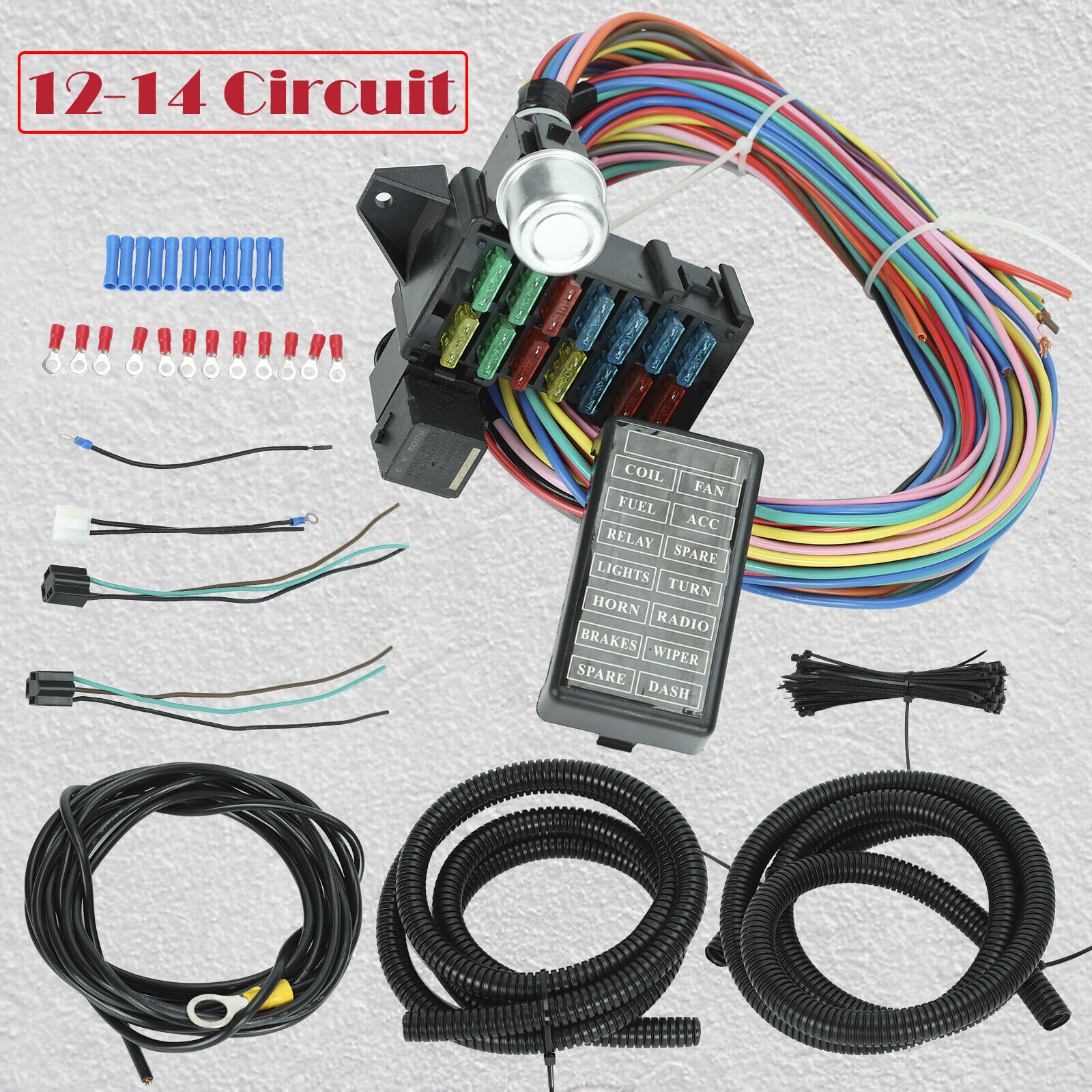 Universal 14 Fuse 12-14 Circuit Wiring Harness For StreetRod Race GXL Copper