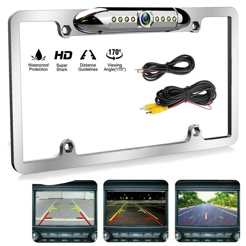 US License Plate Metal Frame Rear View Backup Camera CMOS HD Night LED Silver
