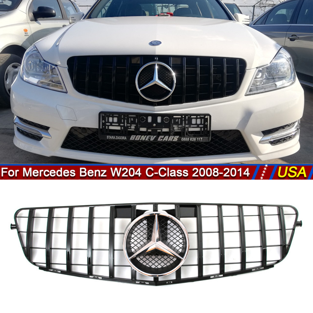 Black GTR Style Grill W/Emblem Grille For Mercedes 2008-2014 W204 C250 C350 C300