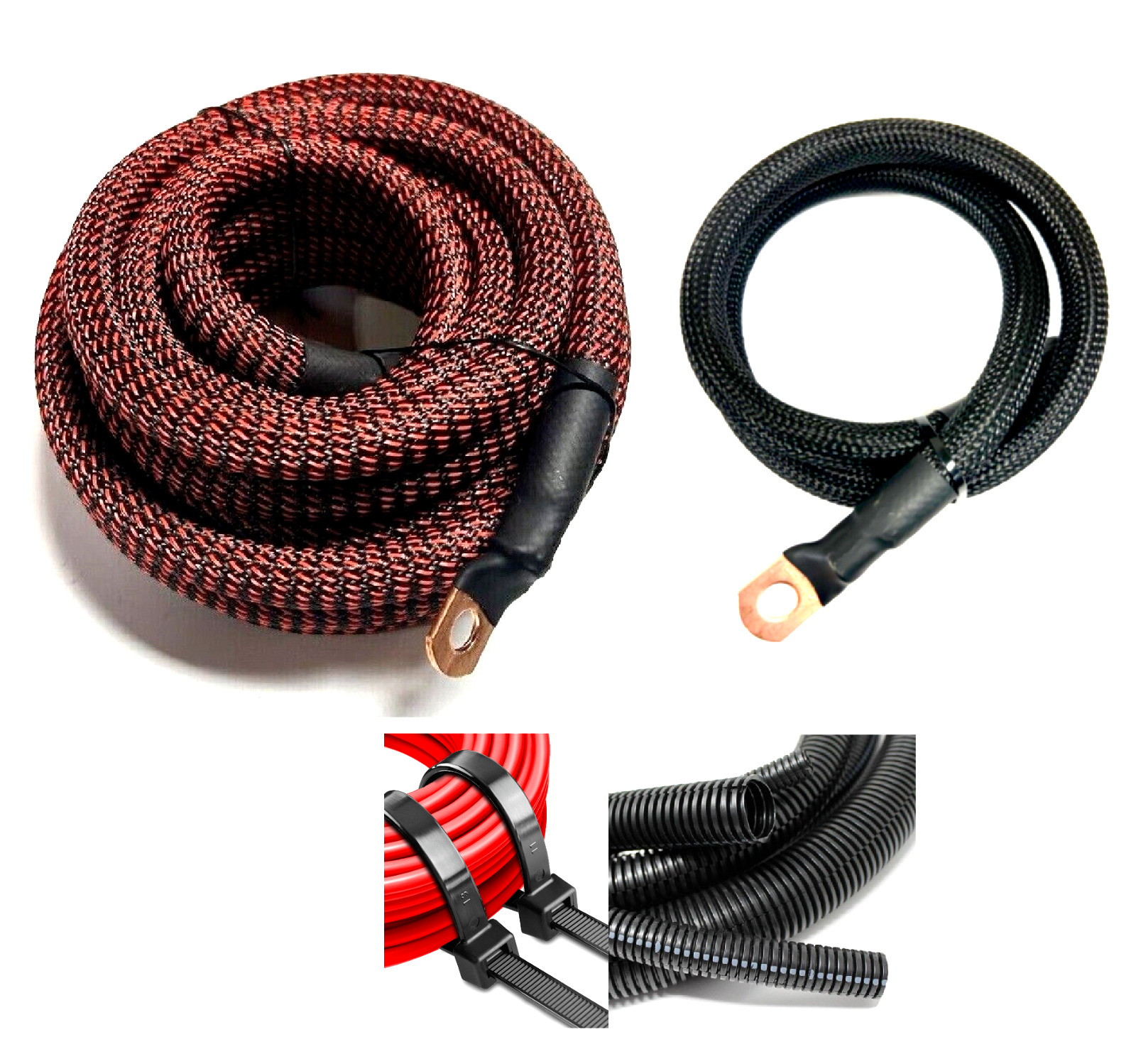 Battery Relocation Kit 1/0 ga OFC COPPER 12\' RED/BLK + 3\' Black Snakeskin Wiring