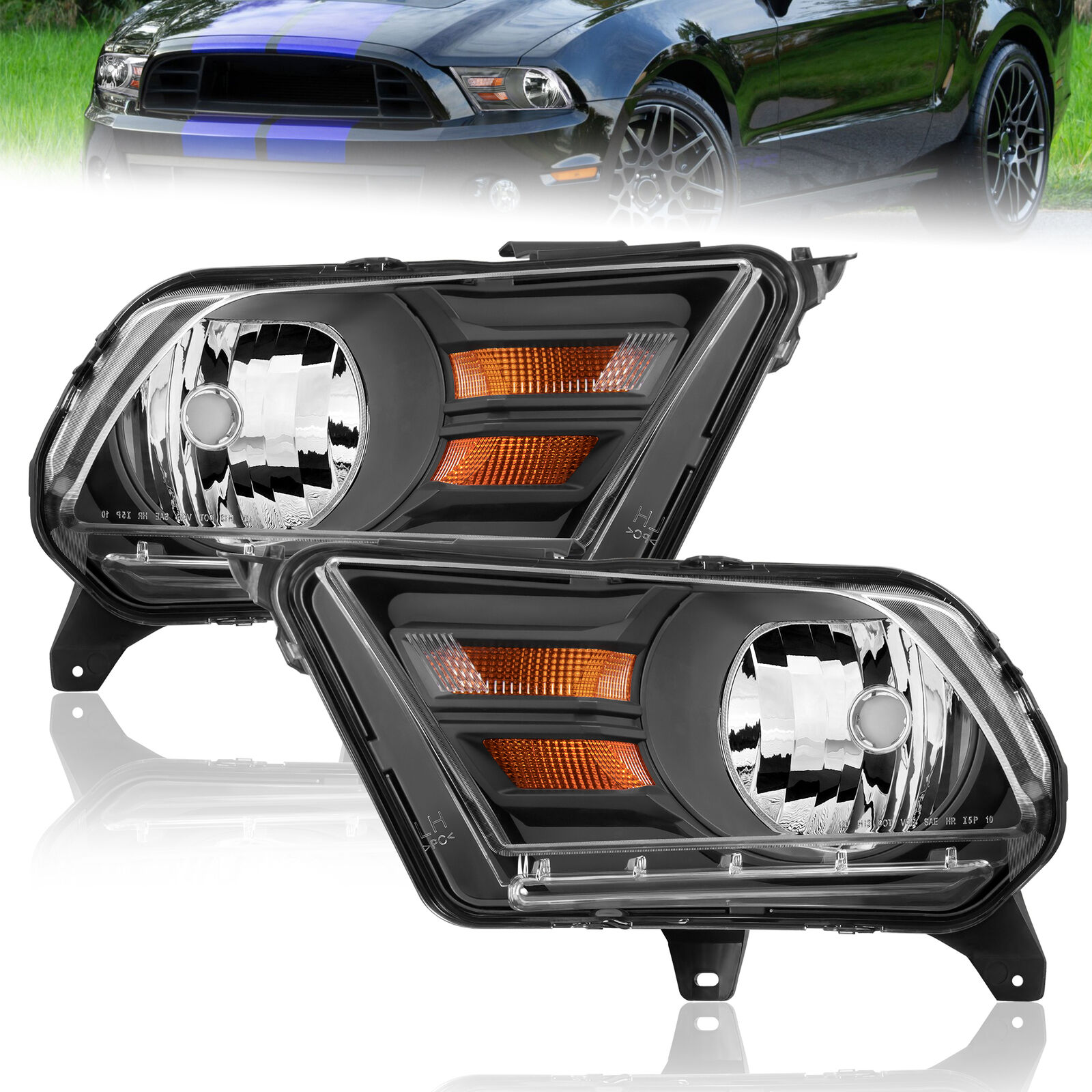 2X Black Housing + Clear Lens Headlights Assembly For 2010-2014 Ford Mustang