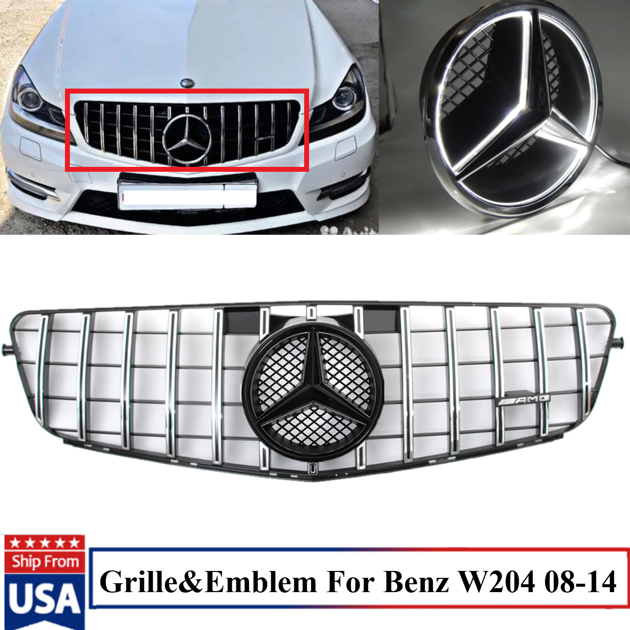 GT R Style For Mercedes Benz W204 C300 C250 C350 2008-2014 Chrome Grill W/Emblem