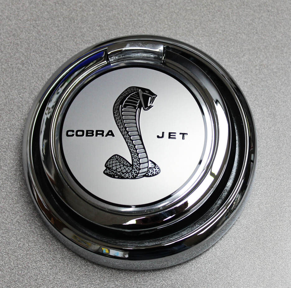 New  1967 - 1970 Ford Mustang Pop Open Gas Cap with Cobra Jet Emblem Silver