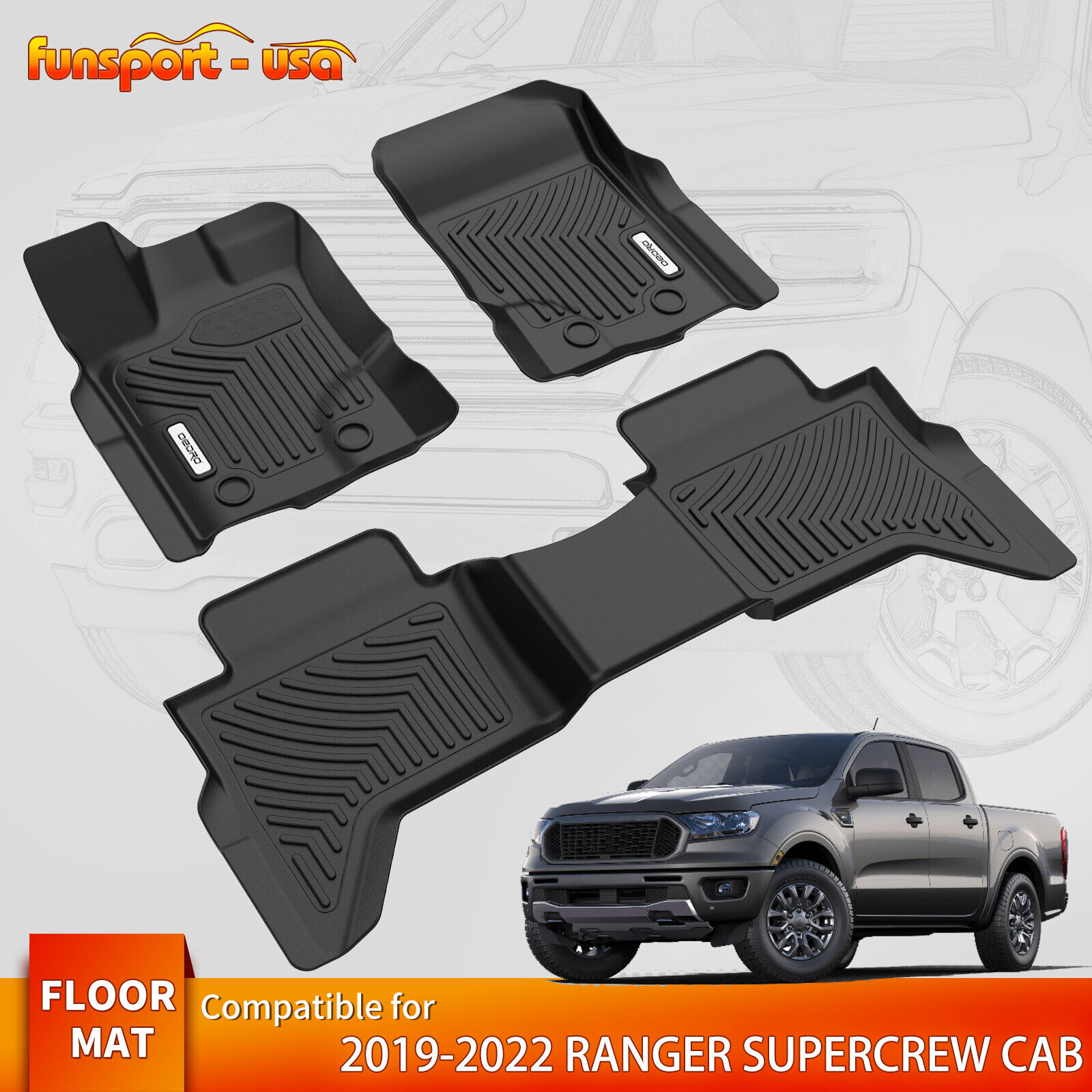 Floor Mats For 2019-2023 Ford Ranger Crew Cab Pickup All Weather TPE Liners