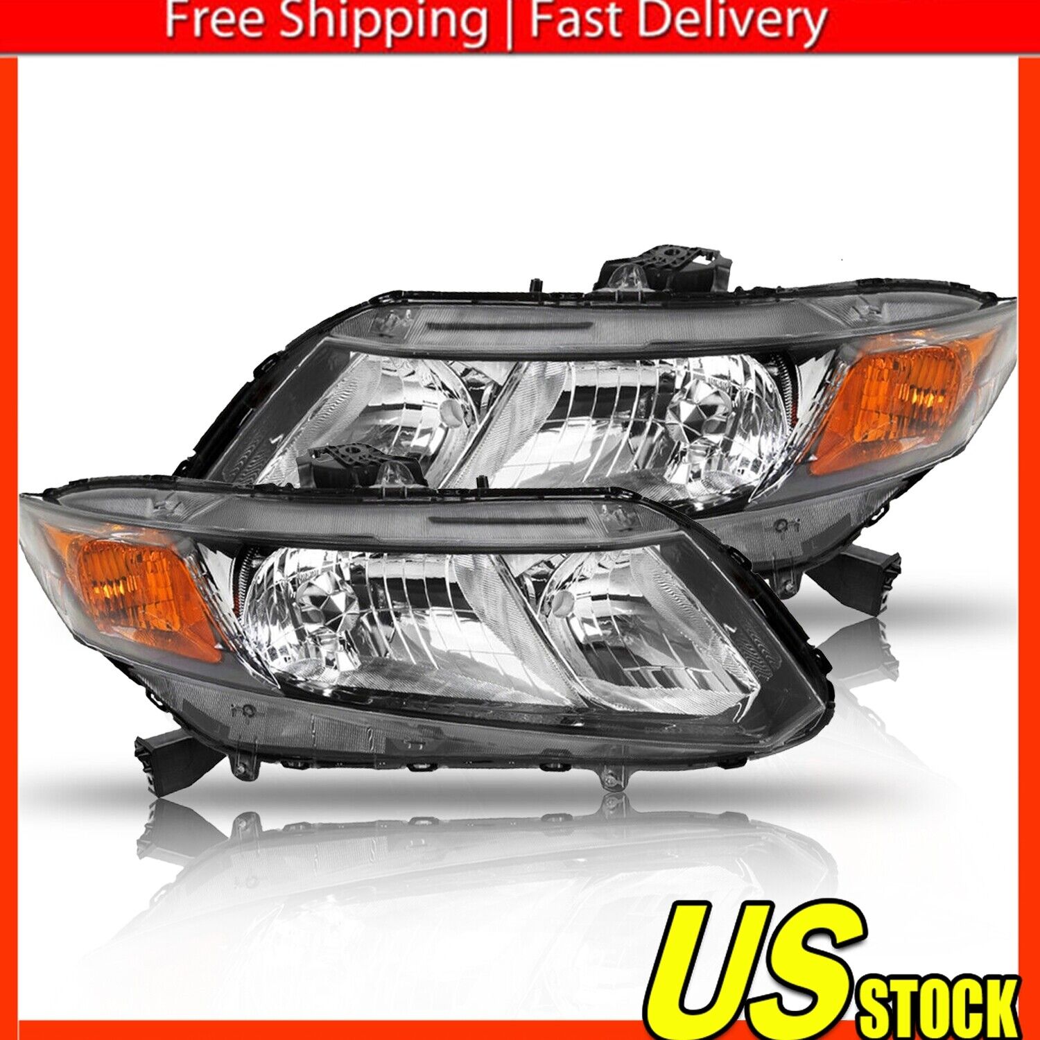 Black Fits 2012-2015 Honda Civic 4Dr Sedan 12-13 Civic 2Dr Headlights Head Lamps