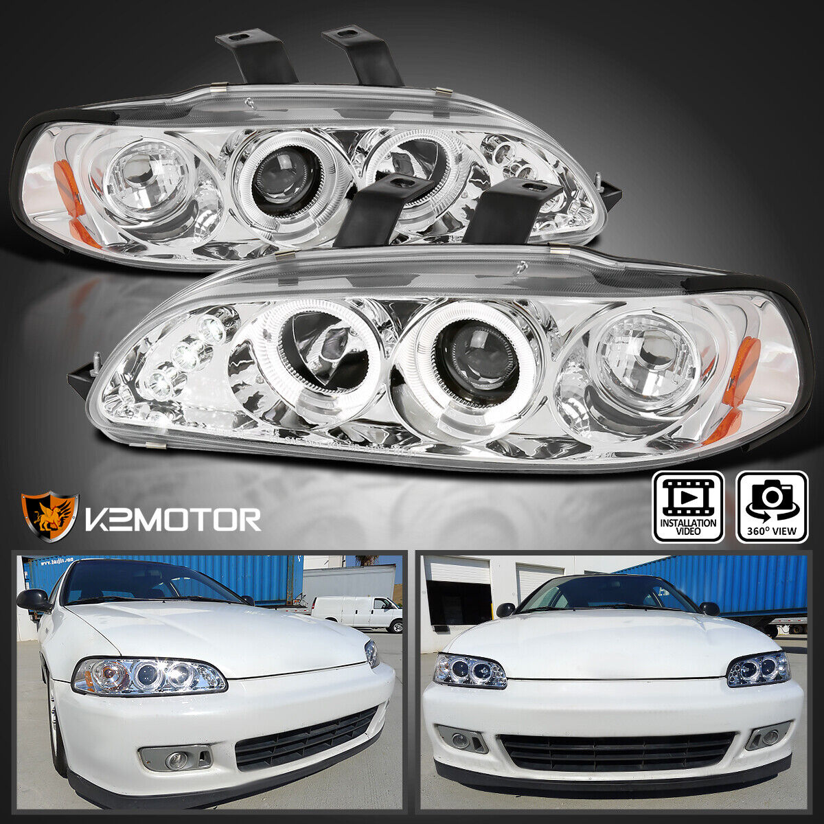 Clear Fits 1992-1995 Honda Civic 2/3/4Dr LED Halo Projector Headlights Lamps L+R