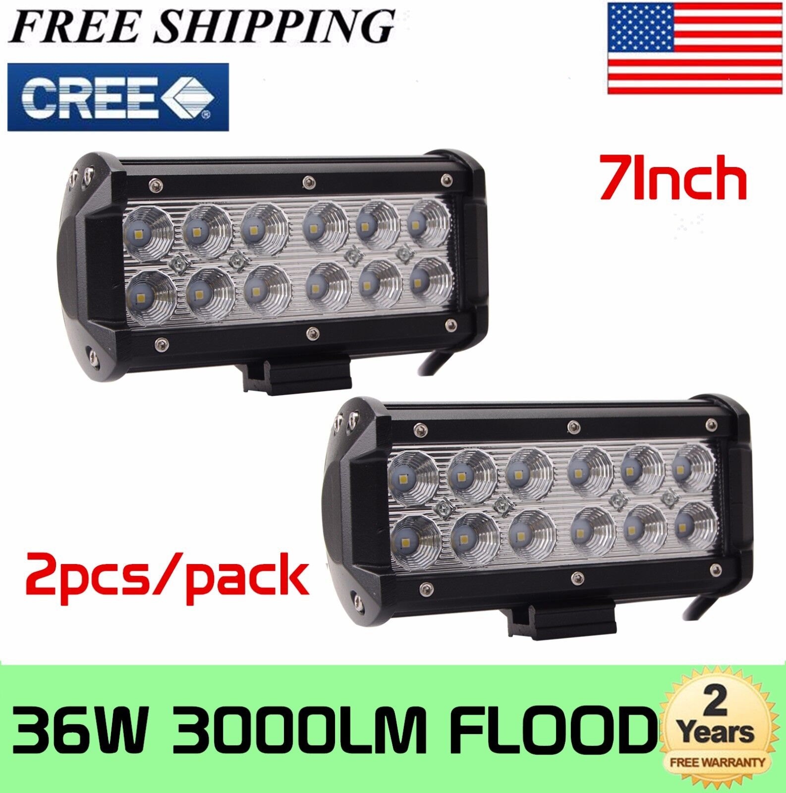 2PCS 7INCH 36W LED WORK LIGHT BAR FLOOD for OFFROAD 4WD BOAT SUV FOG DRIVING 72W