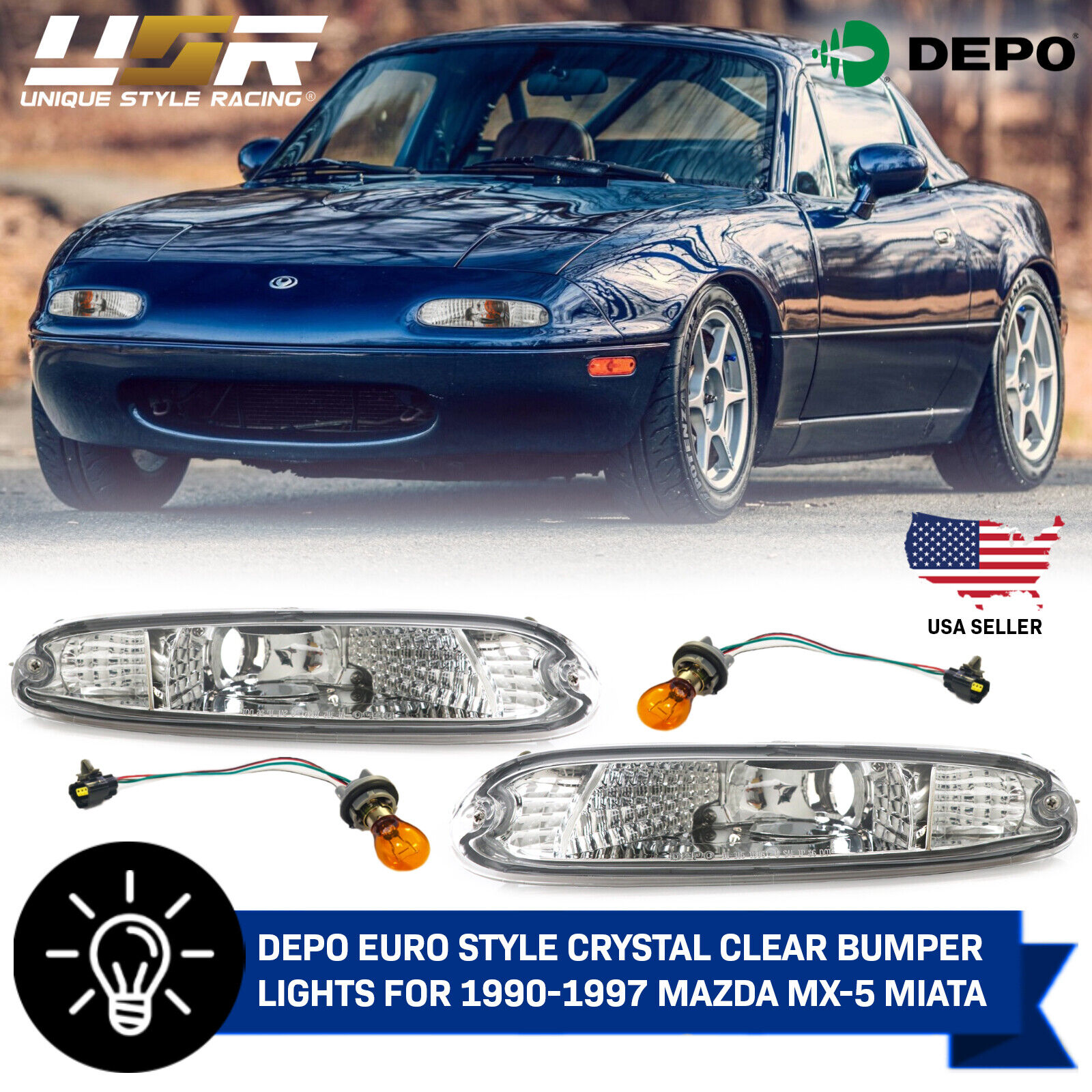 DEPO Clear Bumper Turn Signal Light + Bulbs For 1990-1997 Mazda MX5 MX-5 Miata