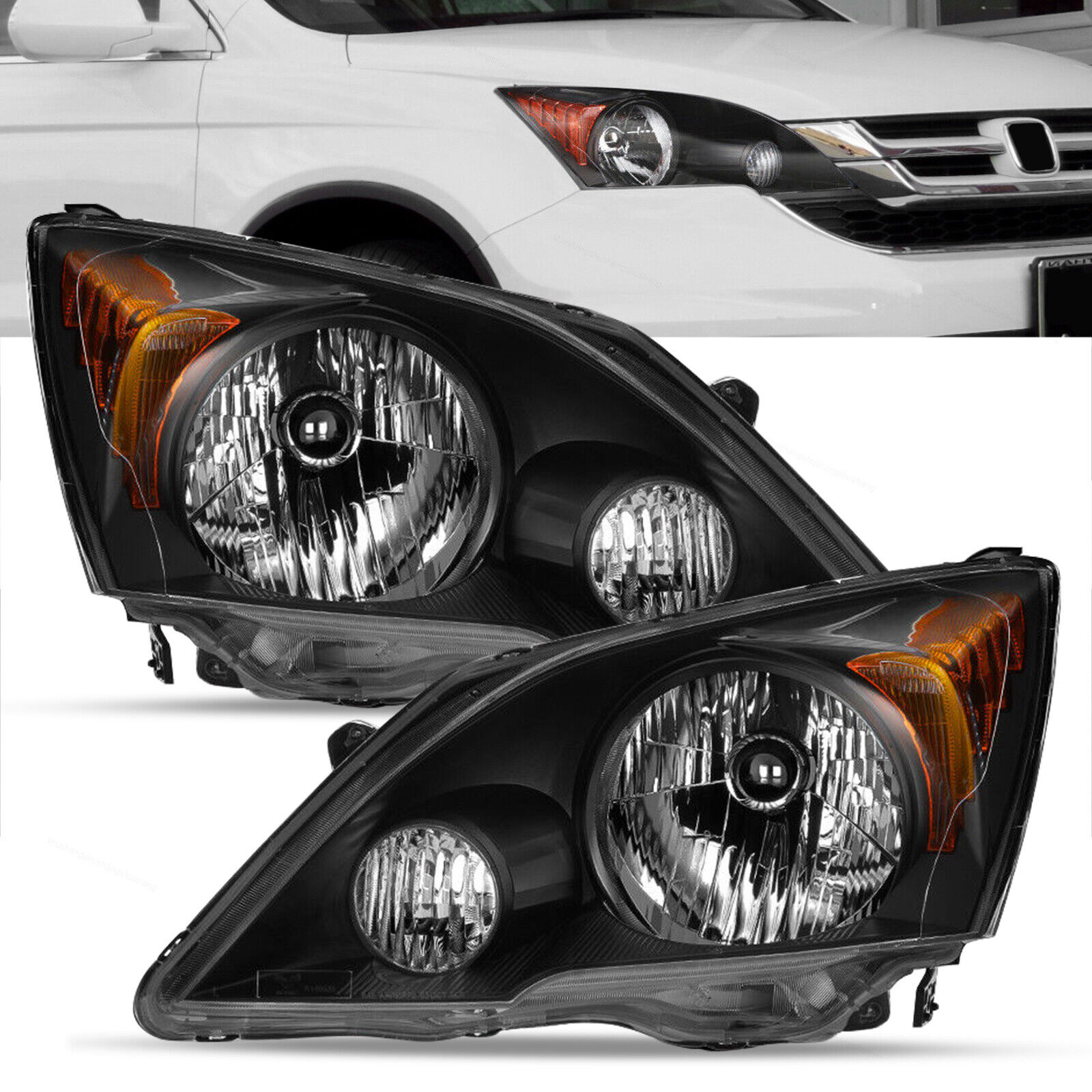 Fit For 2007-2011 Honda CRV CR-V Halogen Black Headlights HeadLamps LH+RH Side