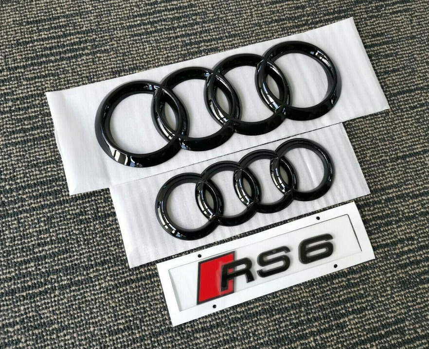 For Audi RS6 Hood Rear Rings Badges Bonnet Emblem Sticker Gloss Black 