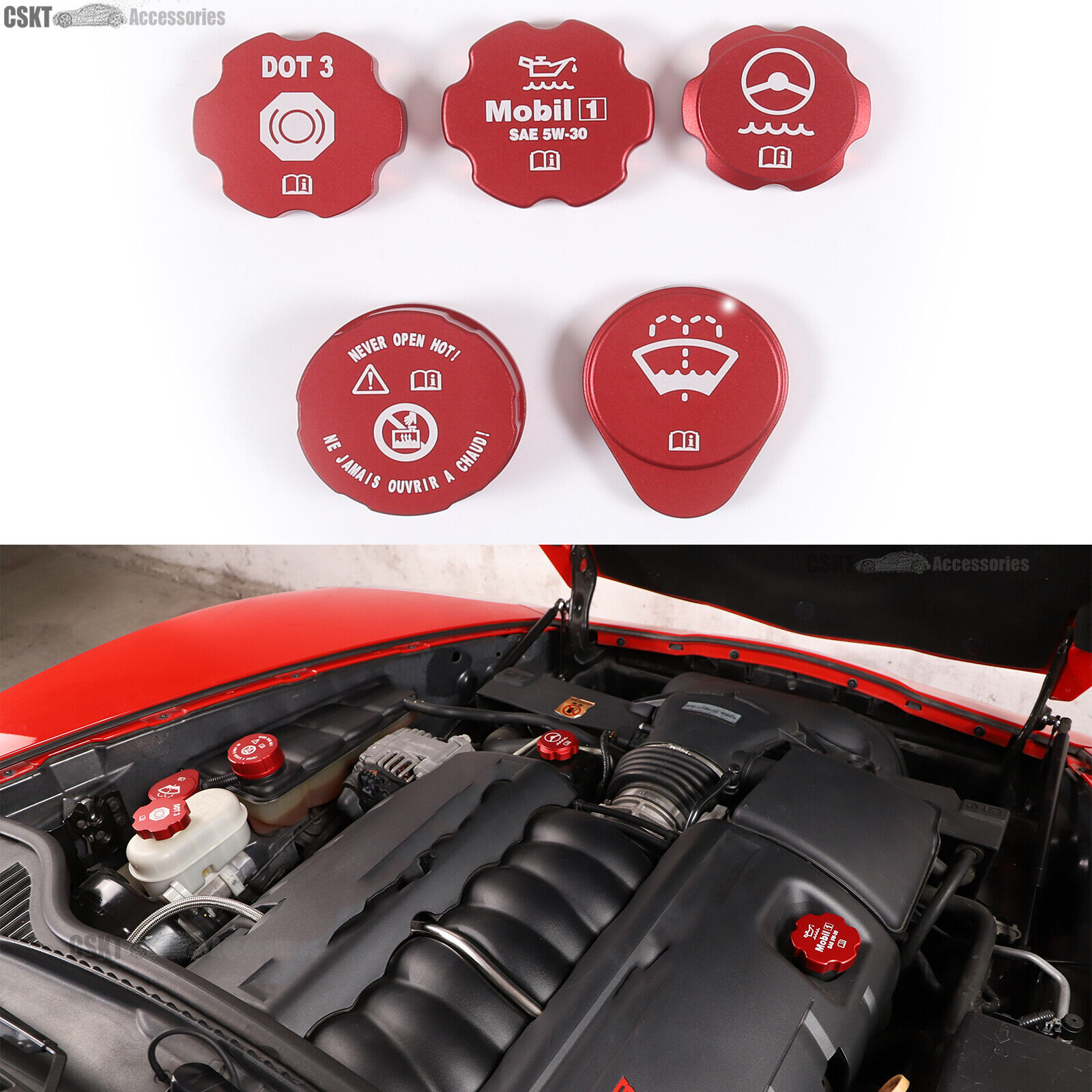 5Pcs Red Alloy Engine Inner Tank Cap Overlay Cover Fits 2005-2013 Corvette C6