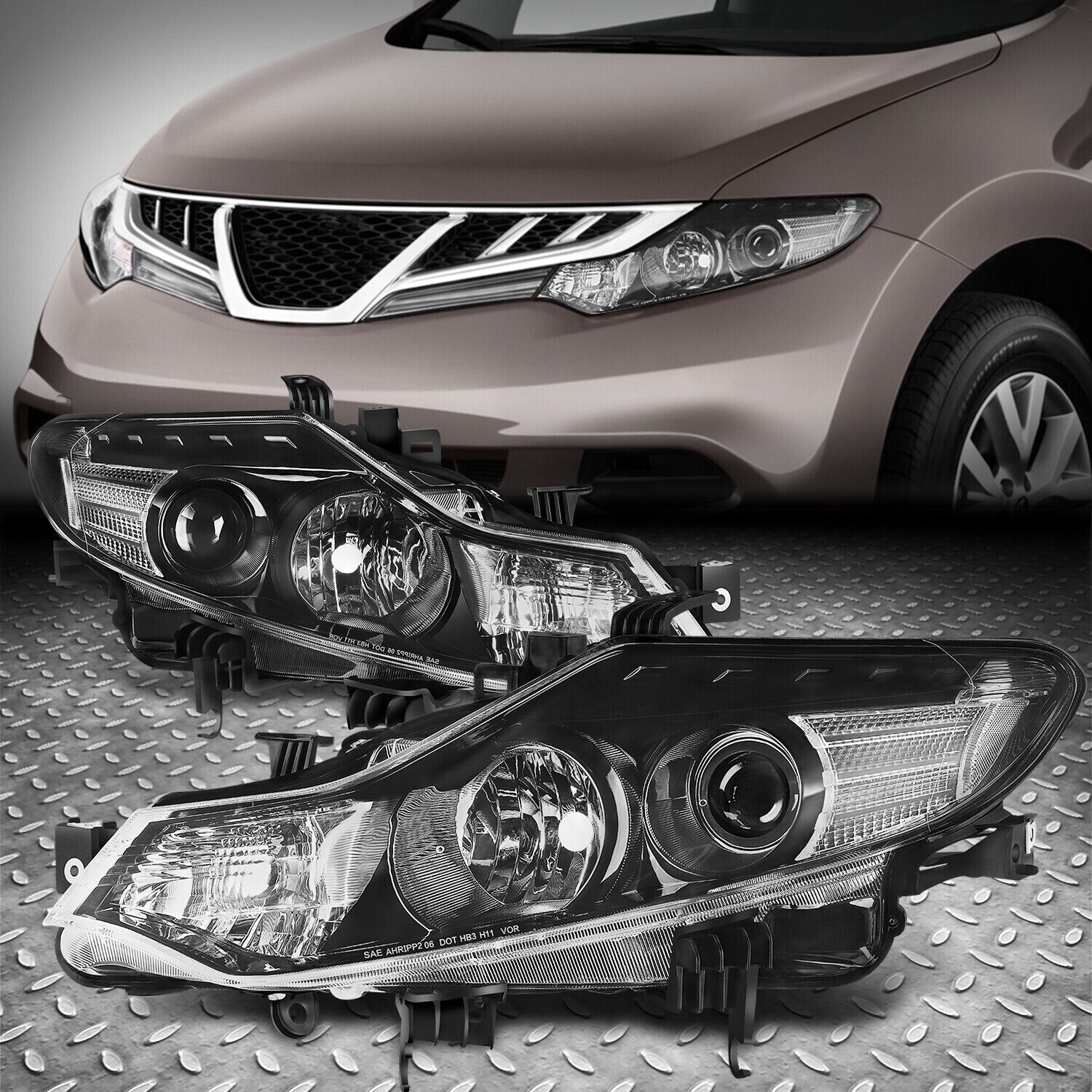 For 09-14 Nissan Murano OE Style Black/Amber Projector Headlight Head Lamps