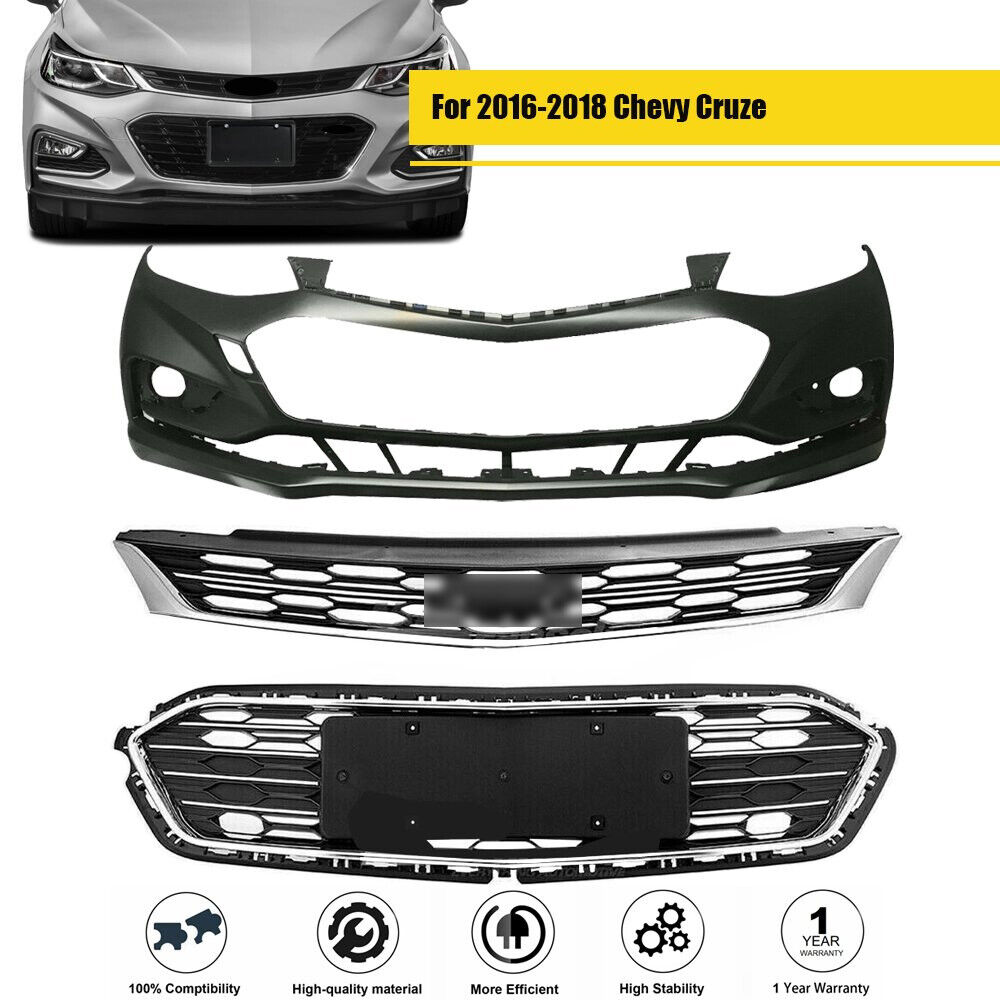 For 2016-2018 Chevy Cruze Front Bumper Cover & Upper and Lower Grille Grill