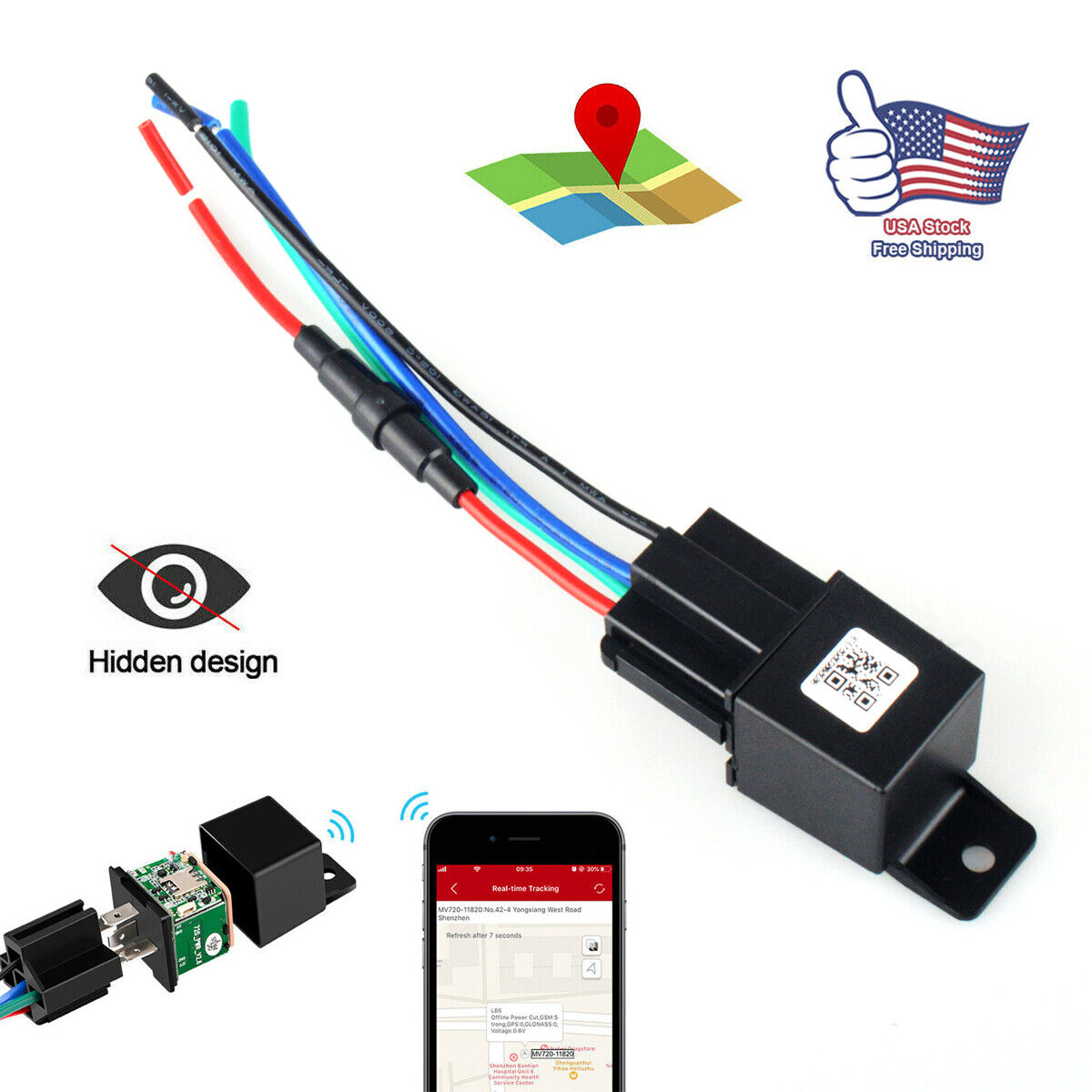 Car relay GPS GSM SIM GPRS real-time tracking device locates the vehicle
