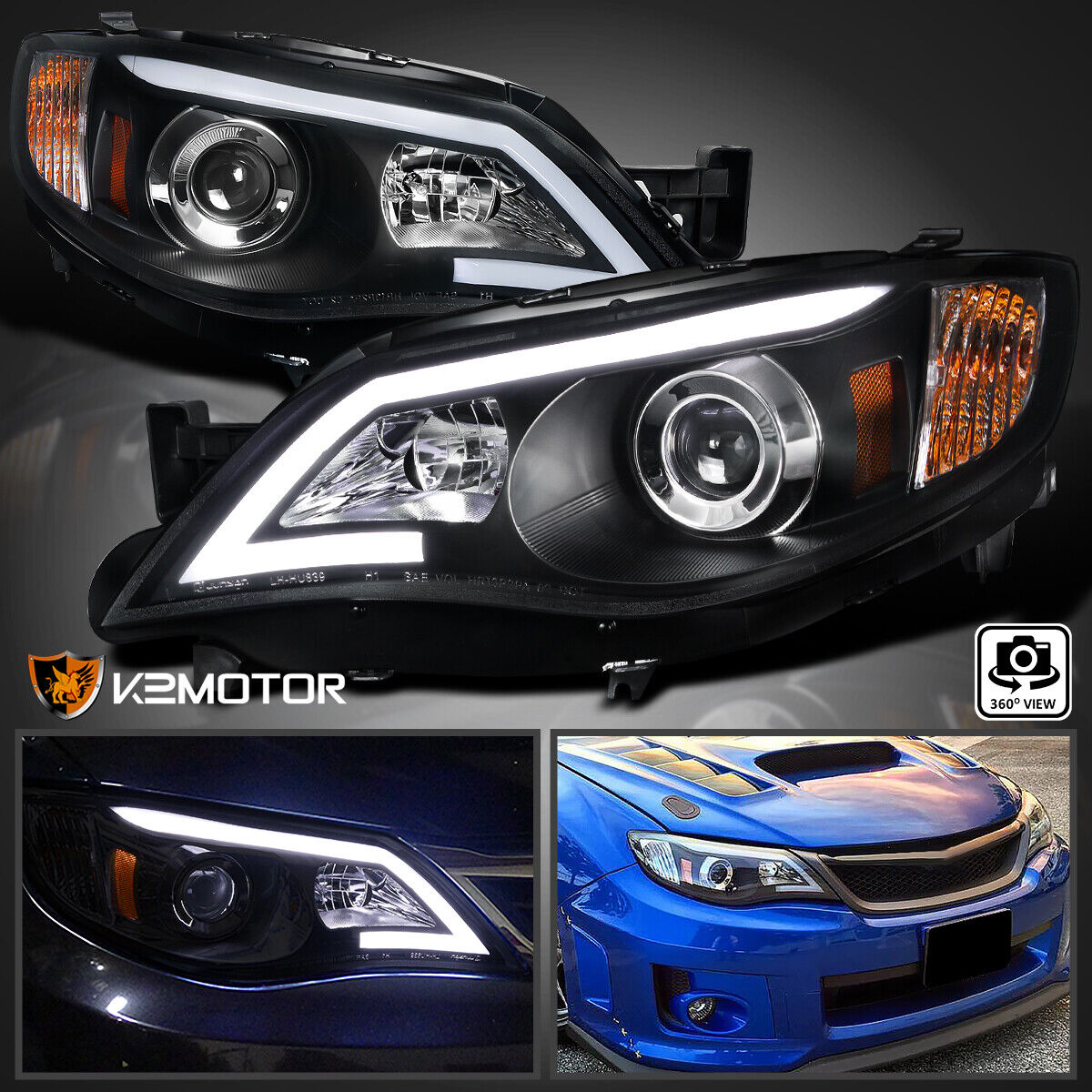 Black Fits 2008-2011 Subaru Impreza WRX Outback LED Strip Projector Headlights