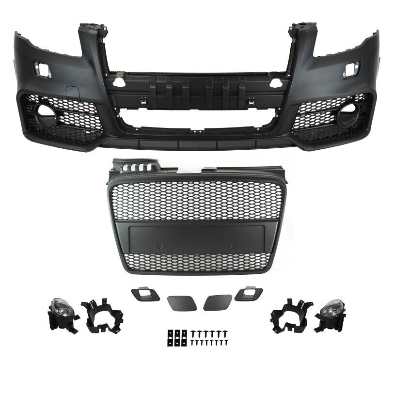 For AUDI 05-08 A4 B7 , RS4 Style Front Bumper w/ Black Front Grille & Fog Lights