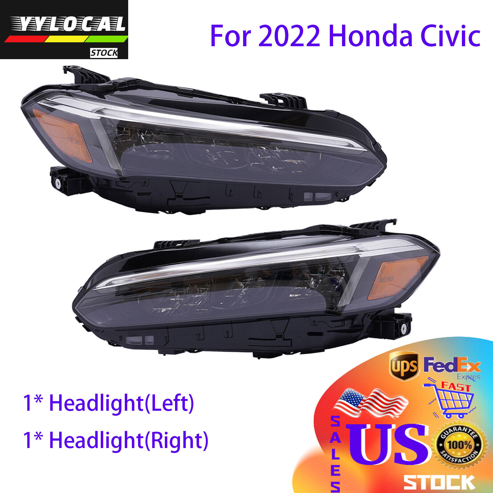 Fits Honda Civic 2022 Pair Halogen Headlights Headlamps w/ LED DRL Left + Right 