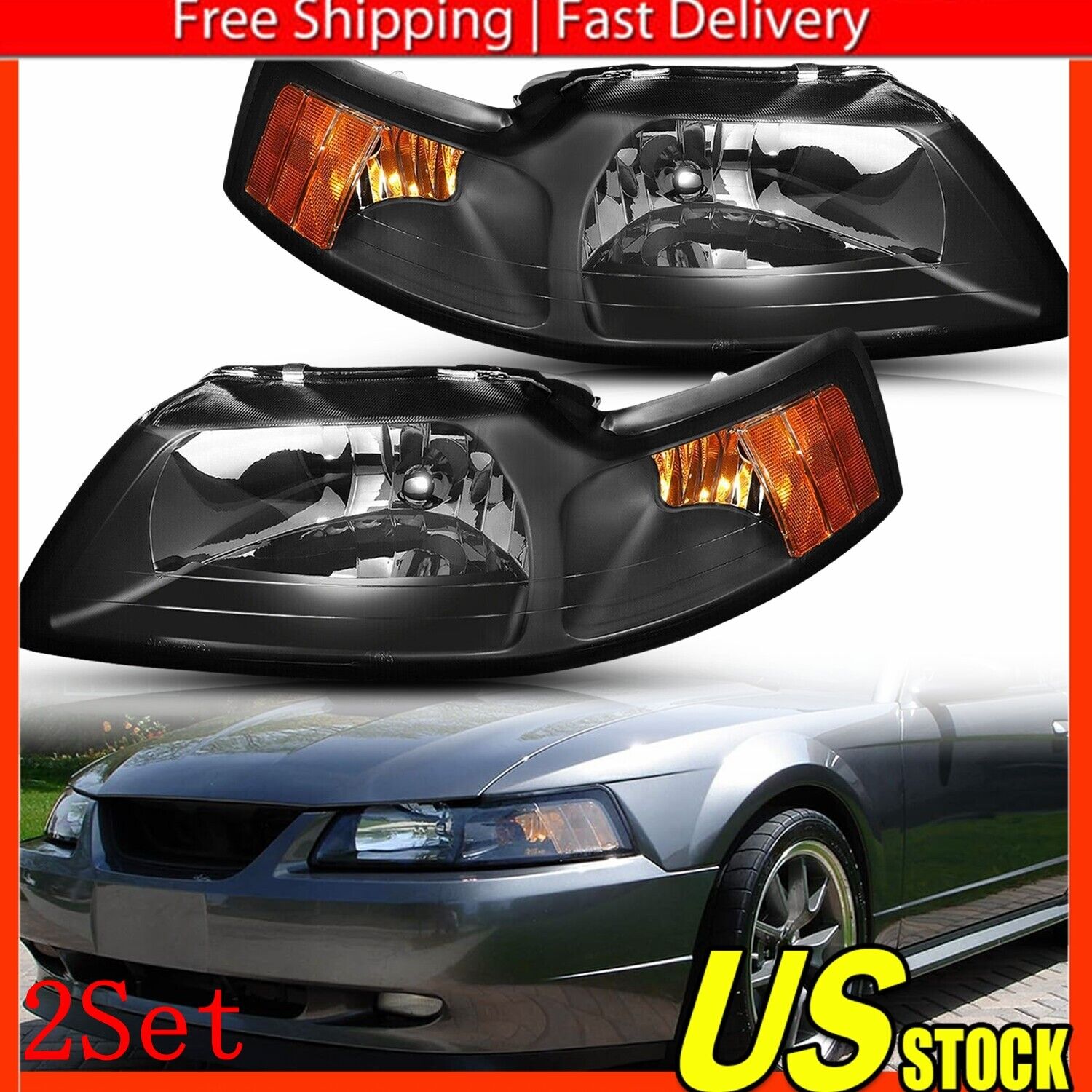 Black Fits 1999-04 Ford Mustang V6 GT SVT Cobra Headlights Left+Right 2Set