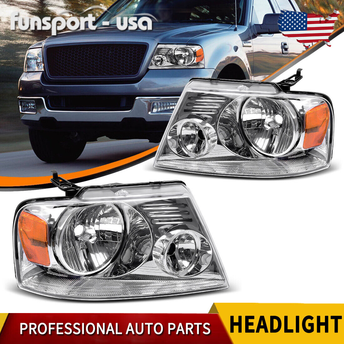 Headlights Assembly For 2004-2008 Ford F-150 F150 Pickup Clear Lens Amber Corner