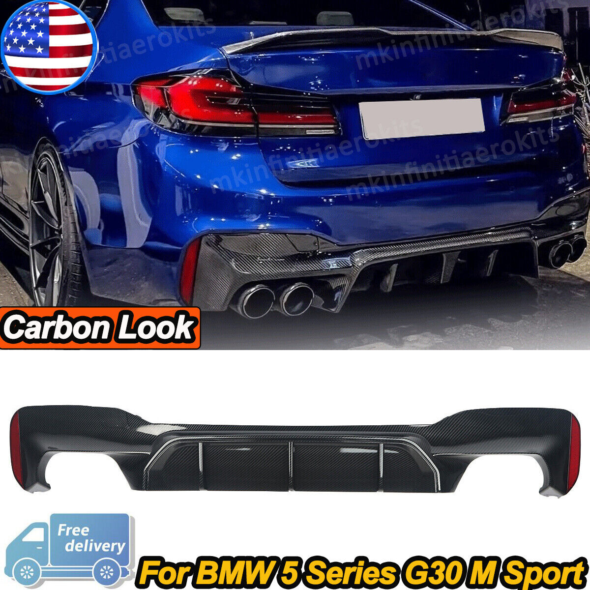 For 17-23 BMW G30 5 Series W/ M Sport Bumper M5 Style Rear Diffuser Carbon Look