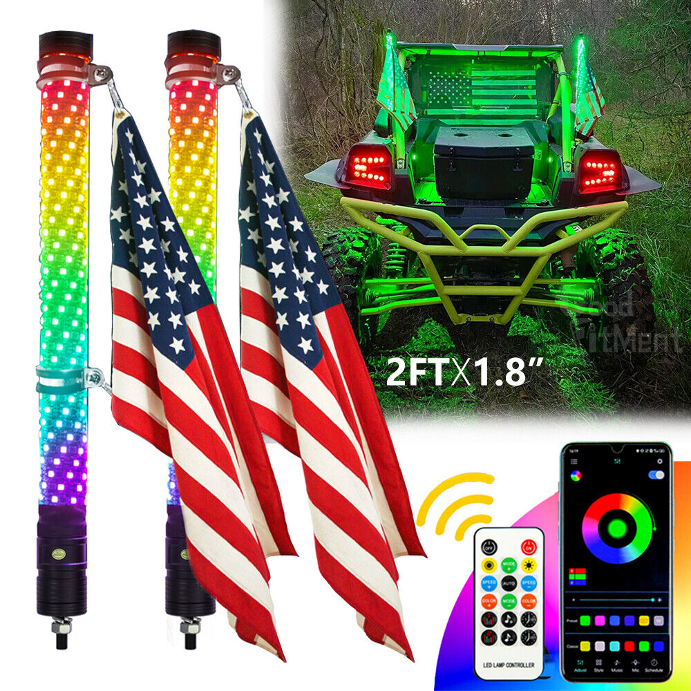 Pair 2FT Fat LED Whip Spiral Chasing RGB Colors Whip Lights For Can Am UTV ATV