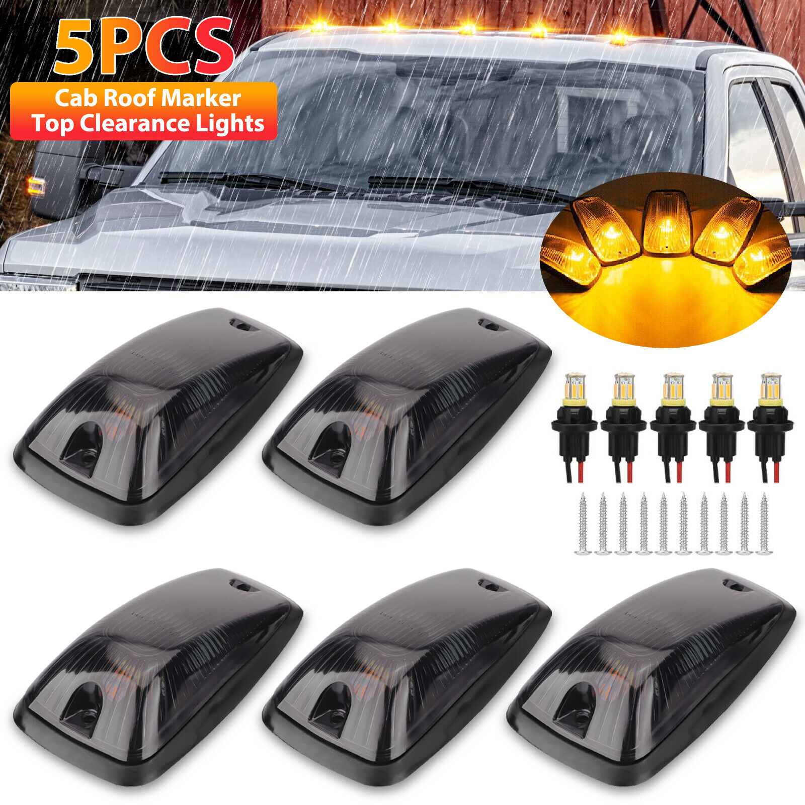 5pcs Smoke LED Cab Roof Light Marker Amber For 1988-2002 Chevy/GMC Pickup Trucks