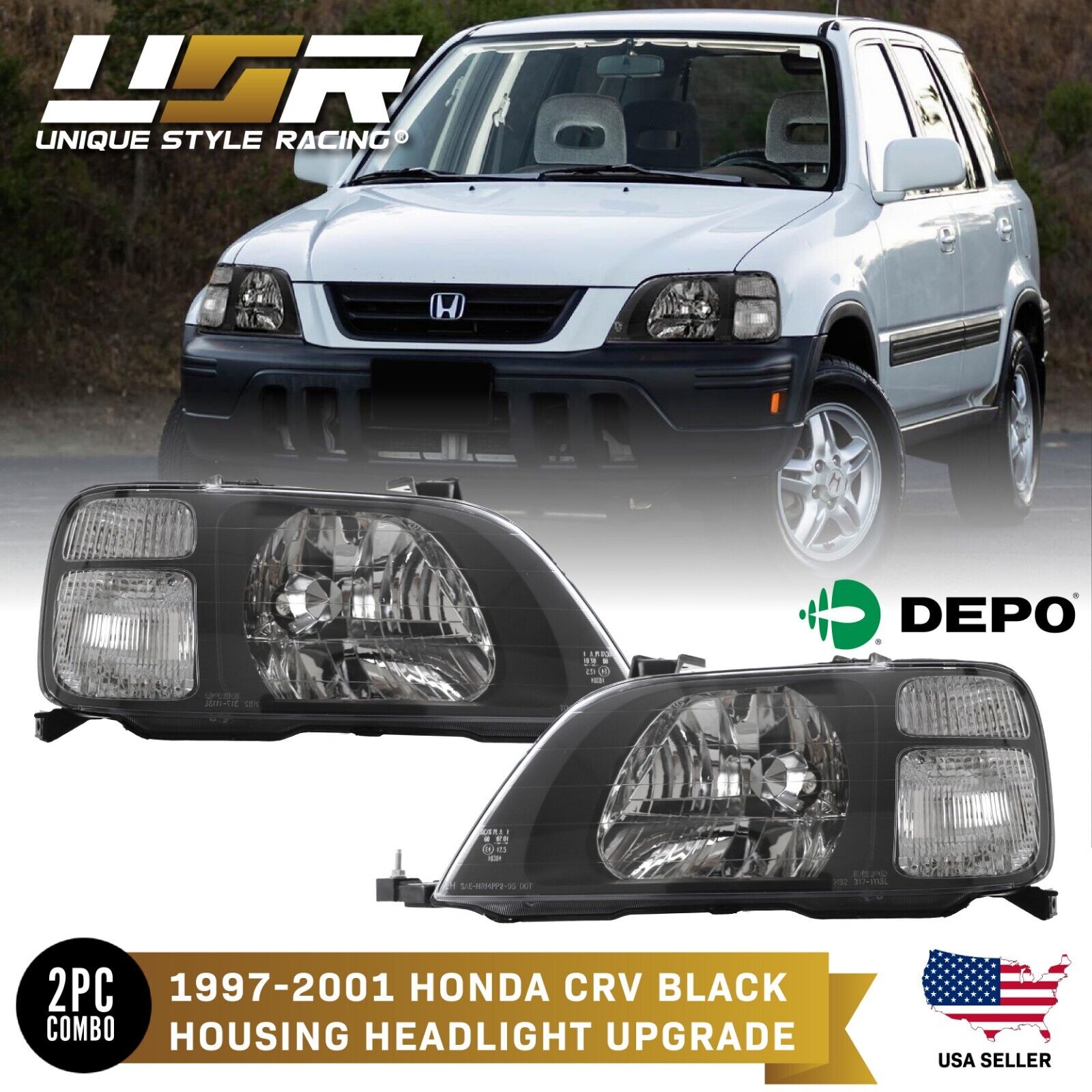 DEPO JDM Black Housing Headlights w/ Clear Corners For 1997-2001 Honda CRV CR-V