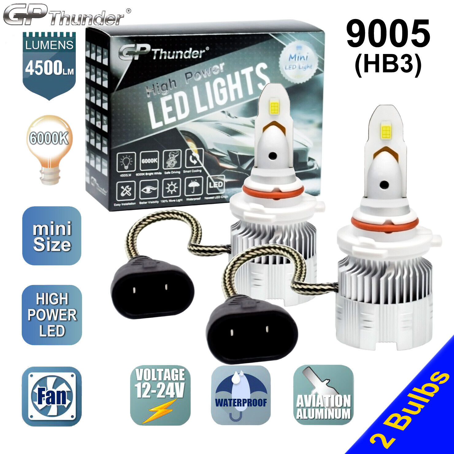 2x Small Size 9005 CSP LED Headlight Low High Beam Fog Light 9000LM 6000K White