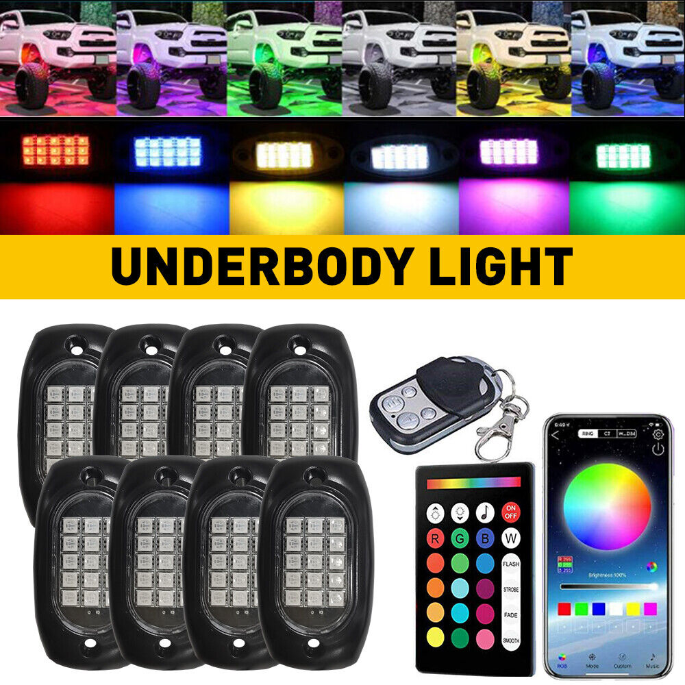 8x Pod LED RGB Rock Light Underbody Neon Lamp Glow Kit Bluetooth Control Music