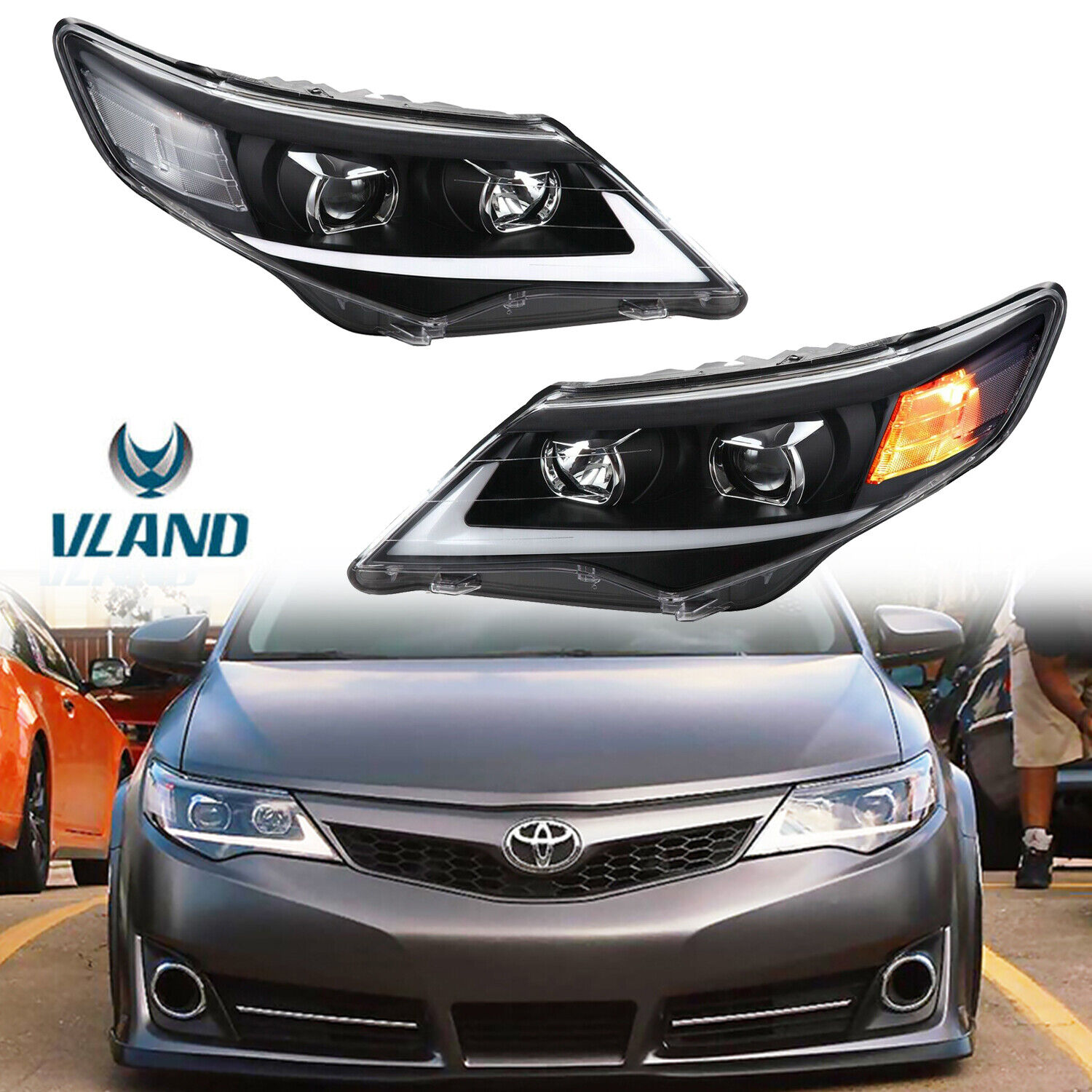 Set LED DRL Projector Headlights Amber Blinker For 2012-2014 Toyota Camry