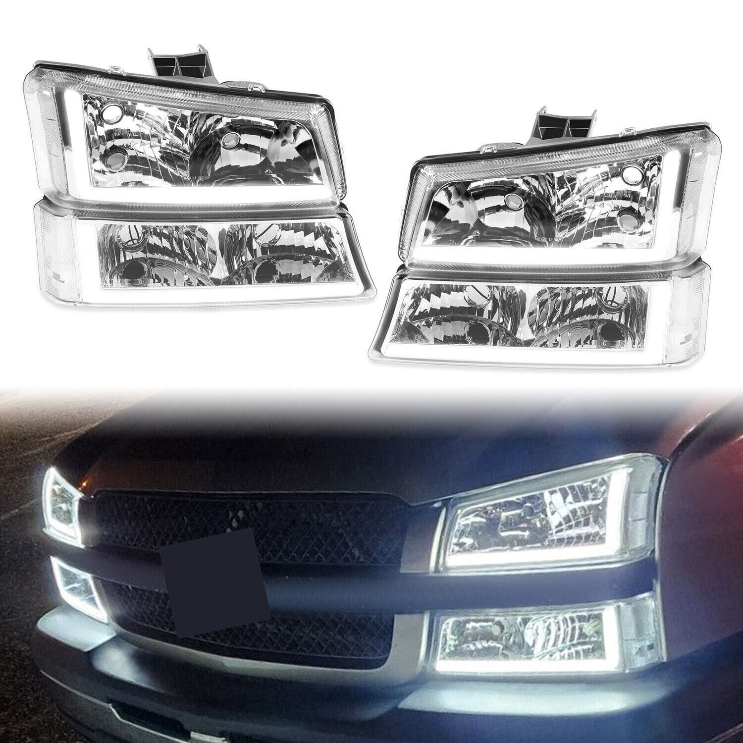 For 2003-2007 Chevy Silverado 1500 2500 3500 LED DRL Headlights+Bumper Lamps