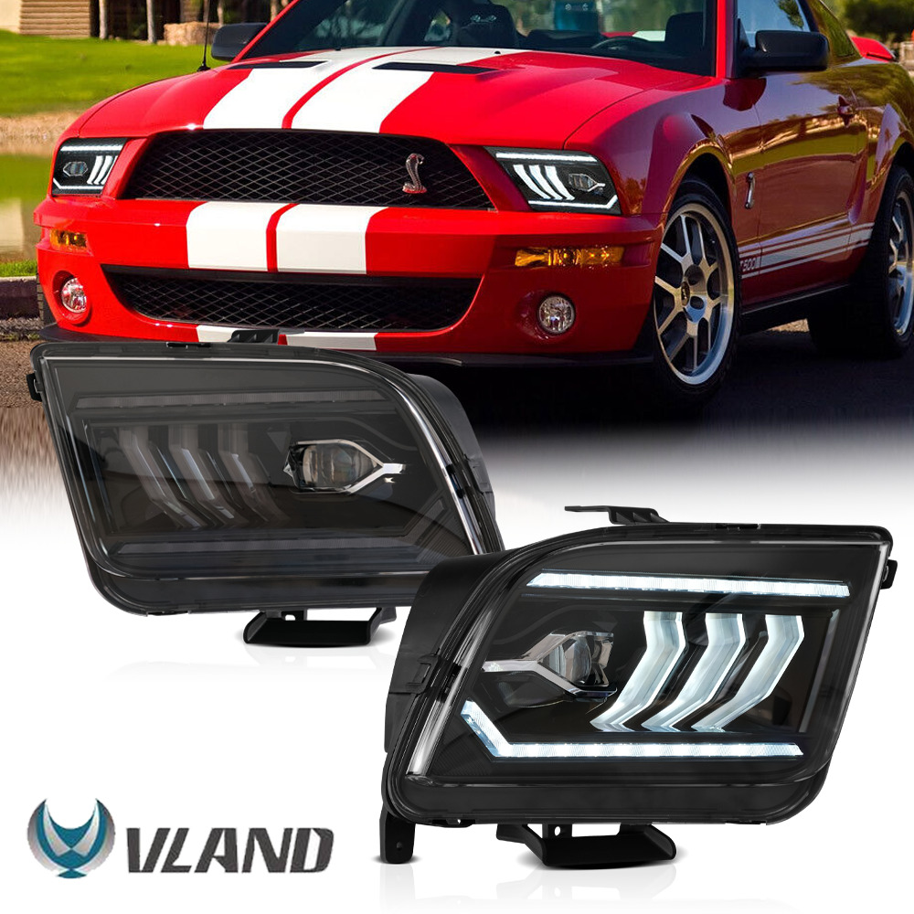 Pair LED Projector Headlights Assy For 2005-2009 Ford Mustang w/ Dynamic Light