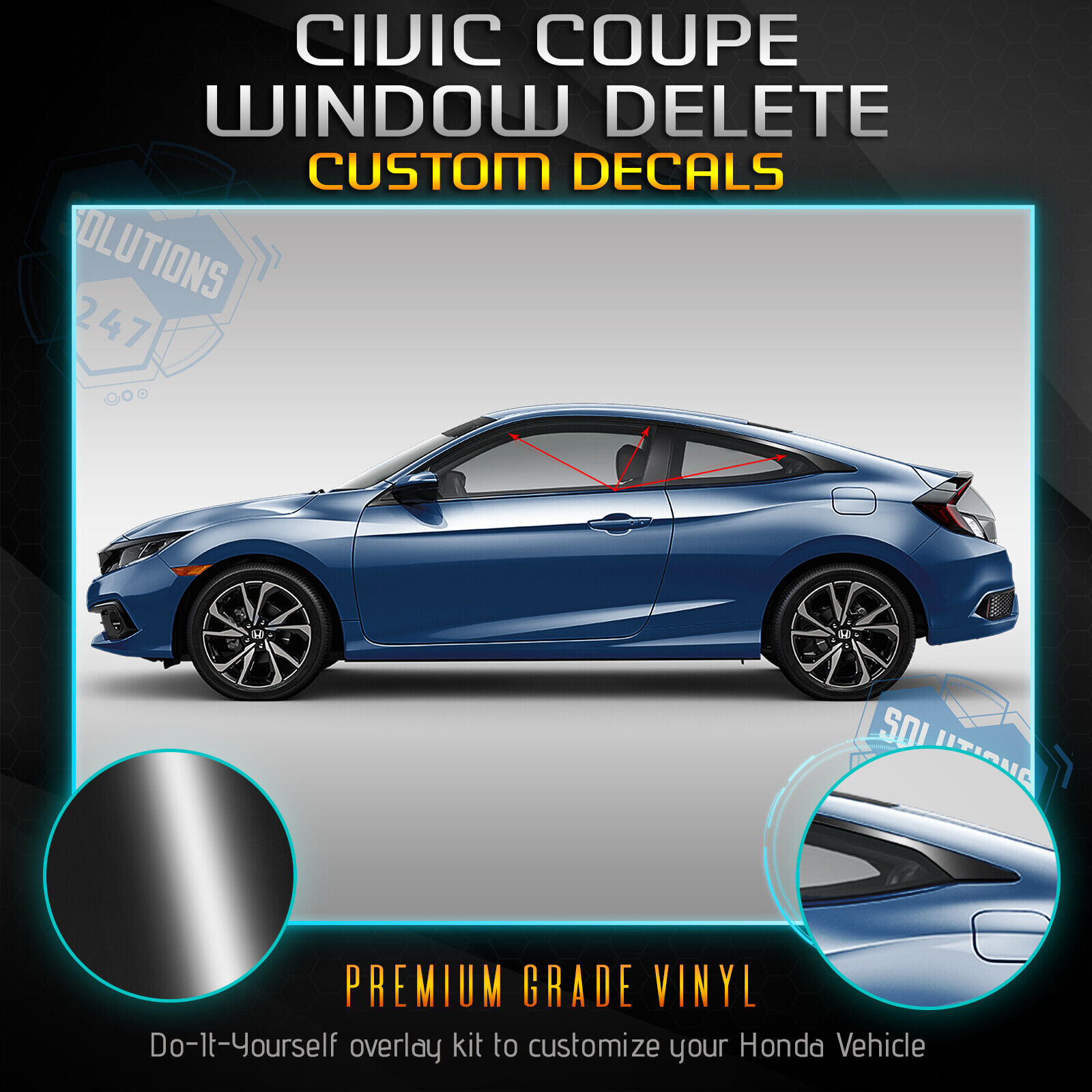 Fit 16-20 Honda Civic Coupe Trim Chrome Delete Blackout Vinyl Kit - Glossy Black