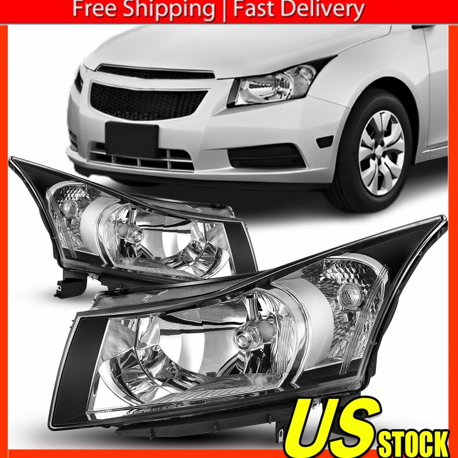 For 2011-2015 Chevy Cruze Black Housing Headlights Replacement Left+Right Set