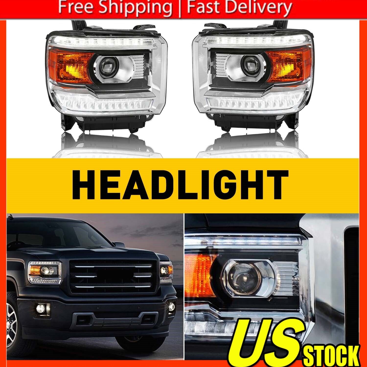 AUXITO For 2014-2015 GMC Sierra 1500 2015-19 2500 3500 DRL Headlights Projector