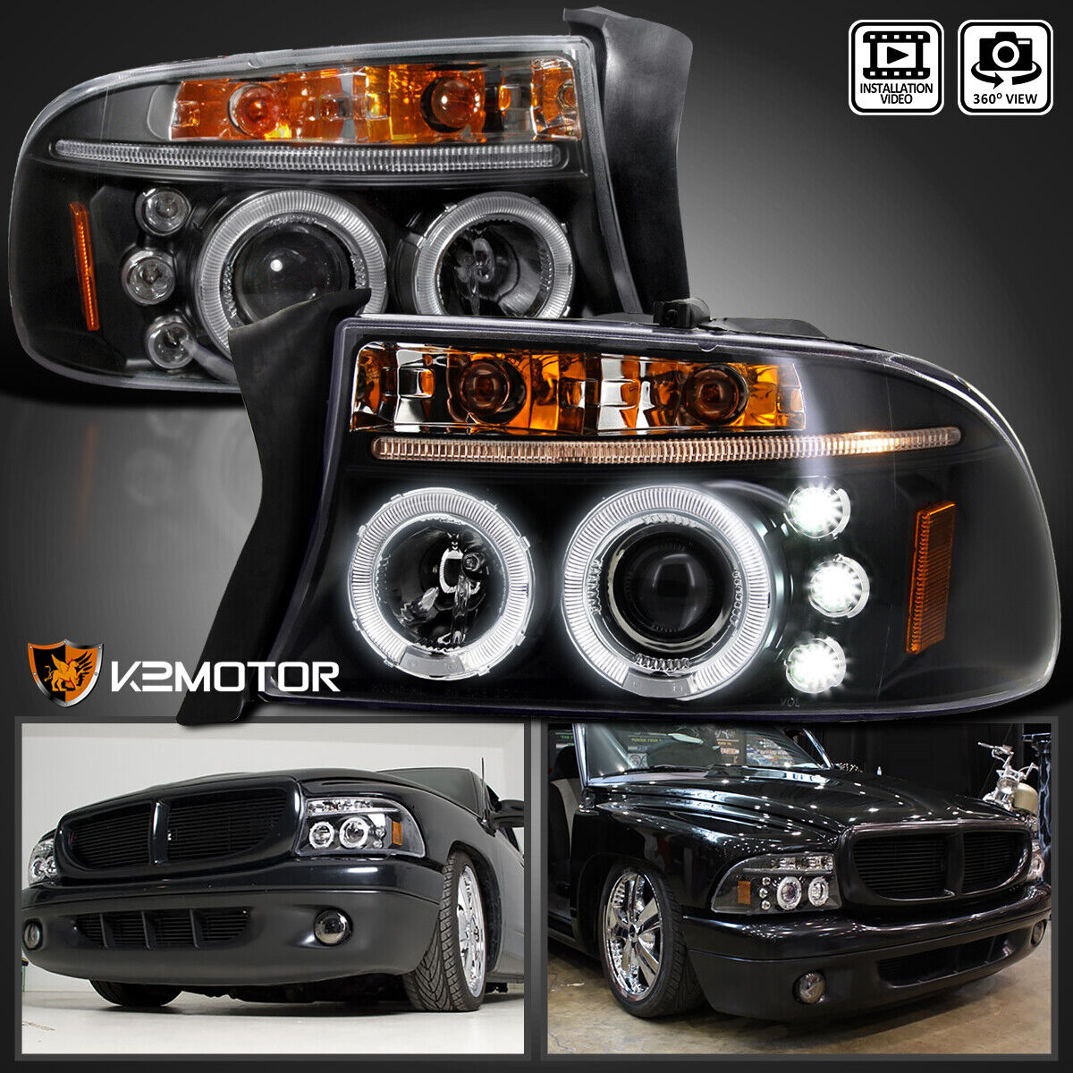 Black Fits 1997-2004 Dodge Dakota 98-03 Durango LED Halo Projector Headlights
