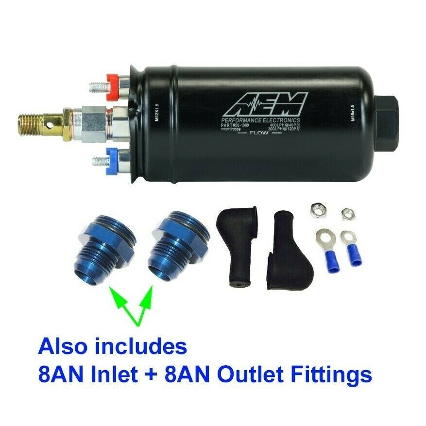 GENUINE AEM 50-1009 Metric 400LPH Inline Fuel Pump + 8AN Inlet/Outlet Fittings