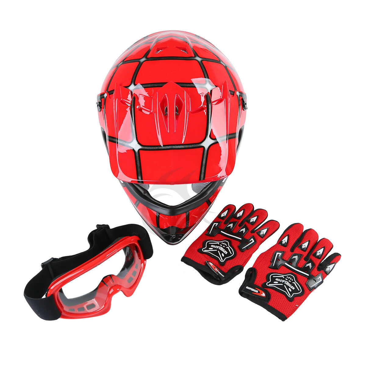 DOT Youth Kids Red Spider Net Motocross Off-Road Helmet Goggles+Gloves S/M/L/XL
